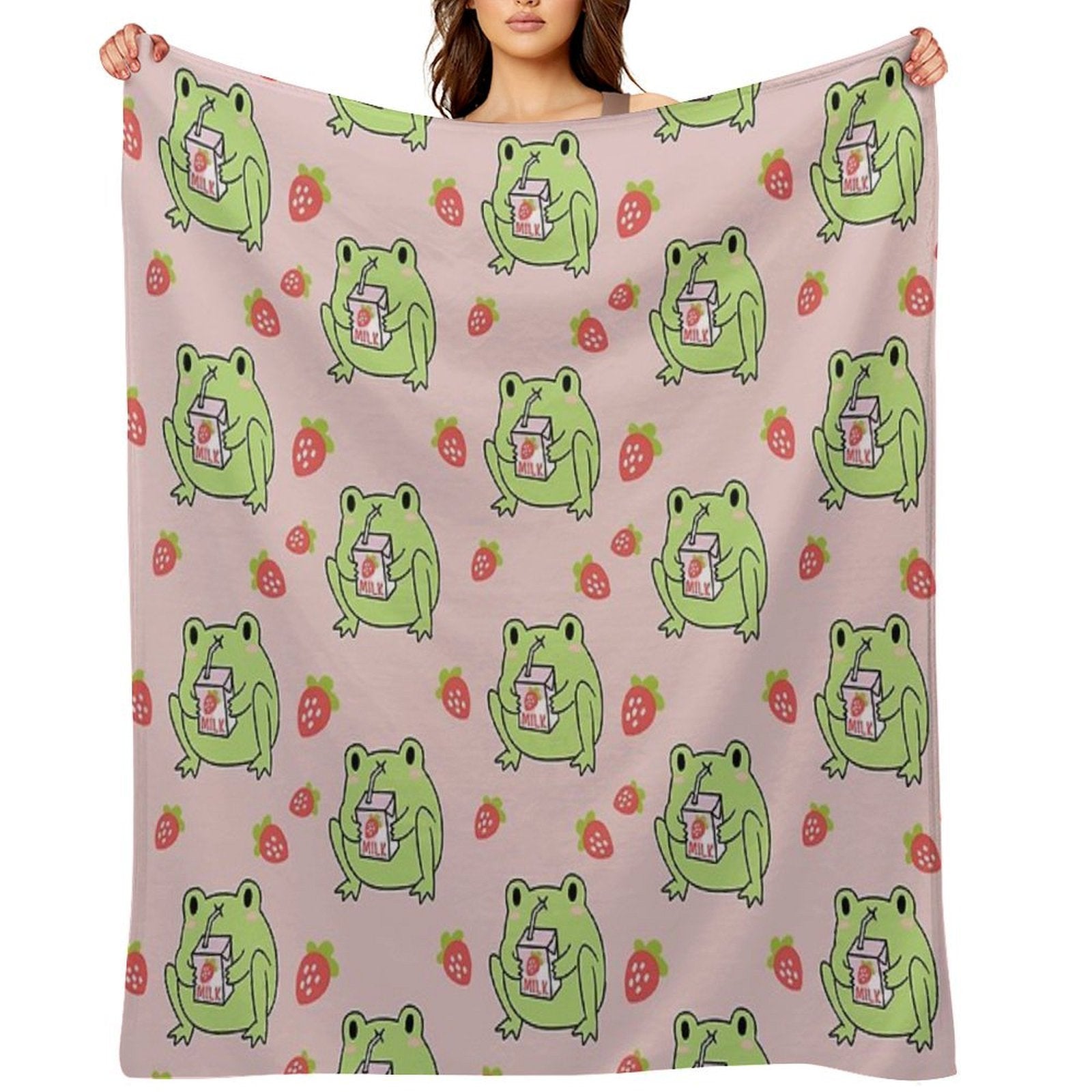 Cute Strawberry Milk Frog Anti-pilling Throw Blanket