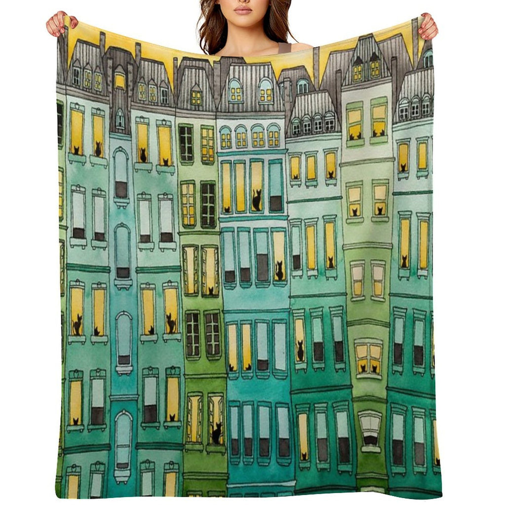 Cats in Green Townhouses Anti-pilling Throw Blanket