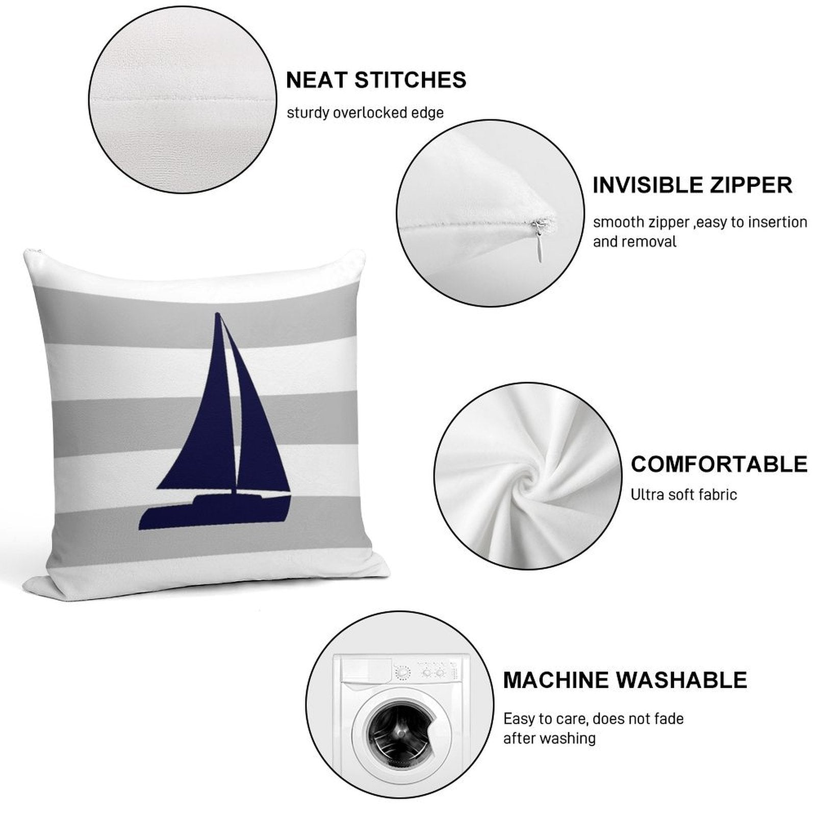 Nautical Navy Blue Sailboat On Silver Gray Stripes Soft Washable Throw Pillow