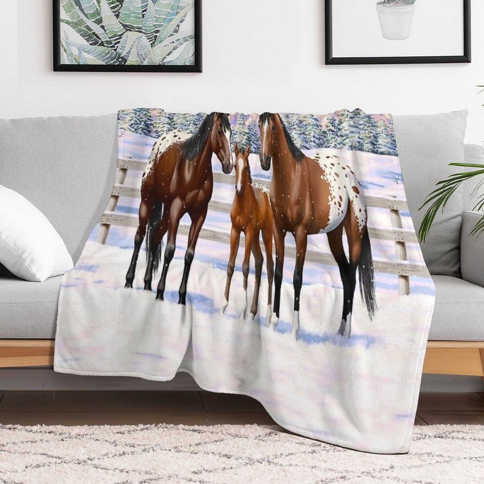 Bay Appaloosa Quarter Horses In Winter Snow Wrinkle-free Throw Blanket