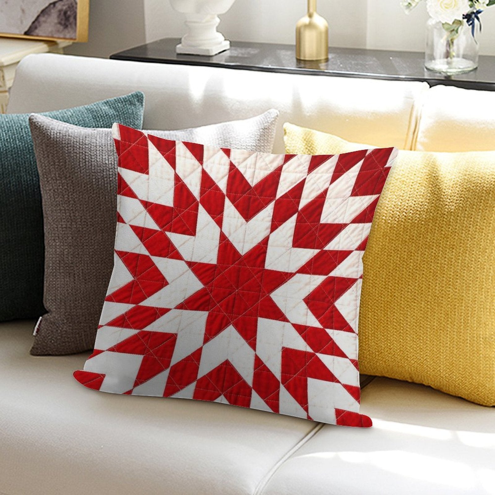 Red And White Lone Star Quilt Soft Gift Ready Throw Pillow