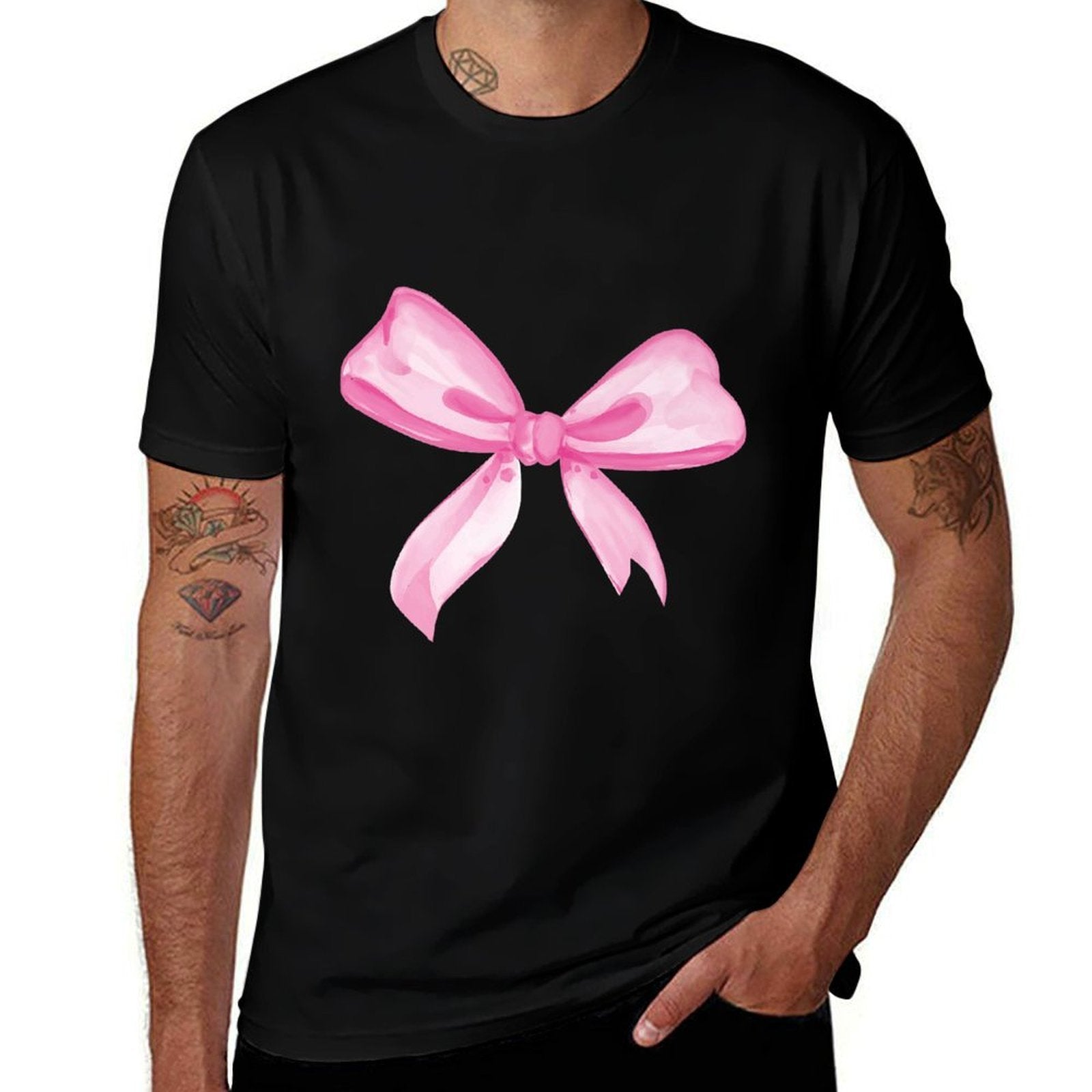 Aesthetic Pink Bow in Watercolor on Black Premium  Moisture-wicking T-Shirt