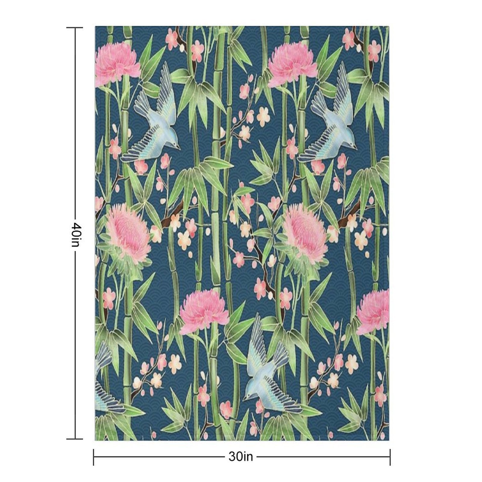 Bamboo, Birds And Blossom - Dark Teal Velvety-soft Throw Blanket
