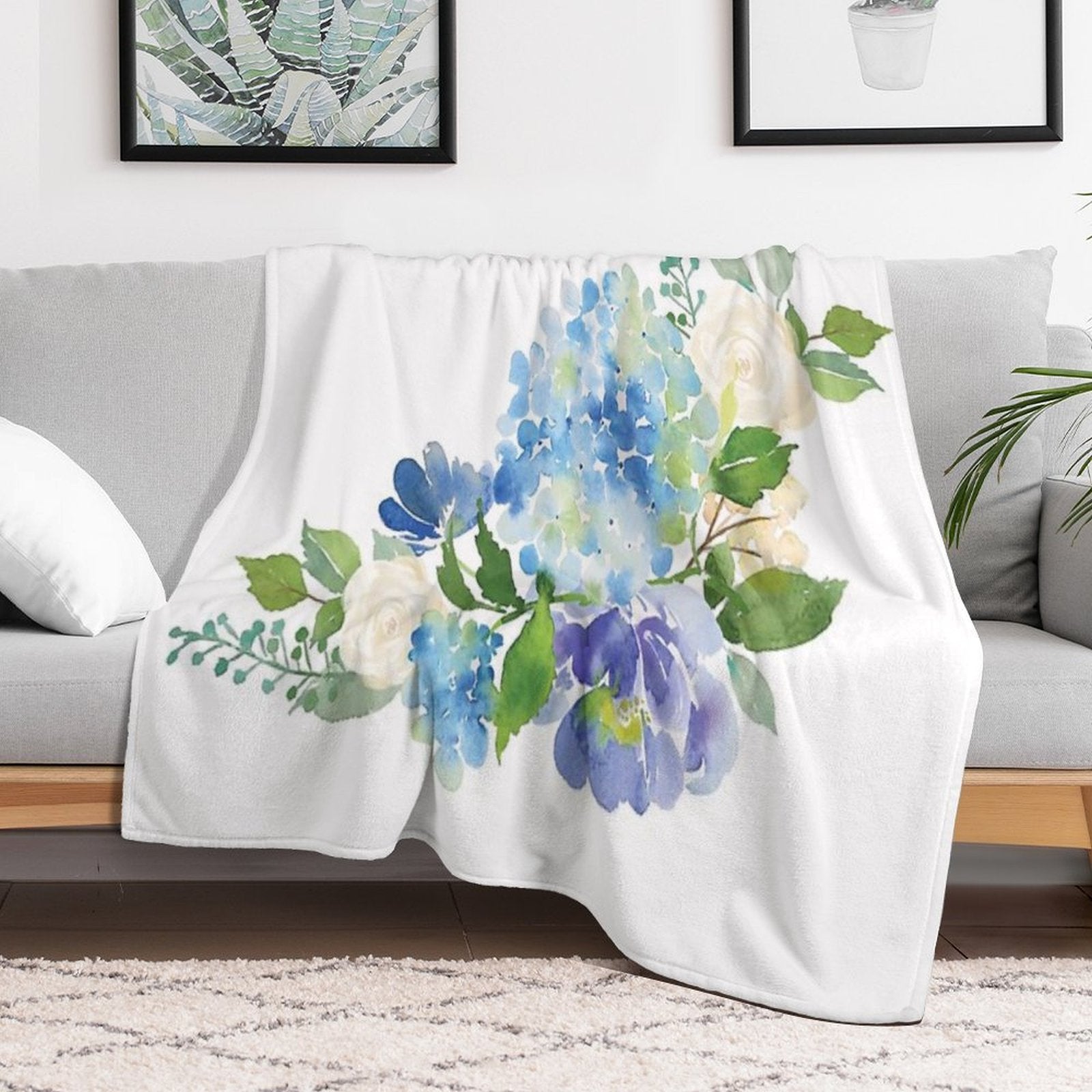 Blue Watercolor Hydrangea Easy Care Throw Blanket