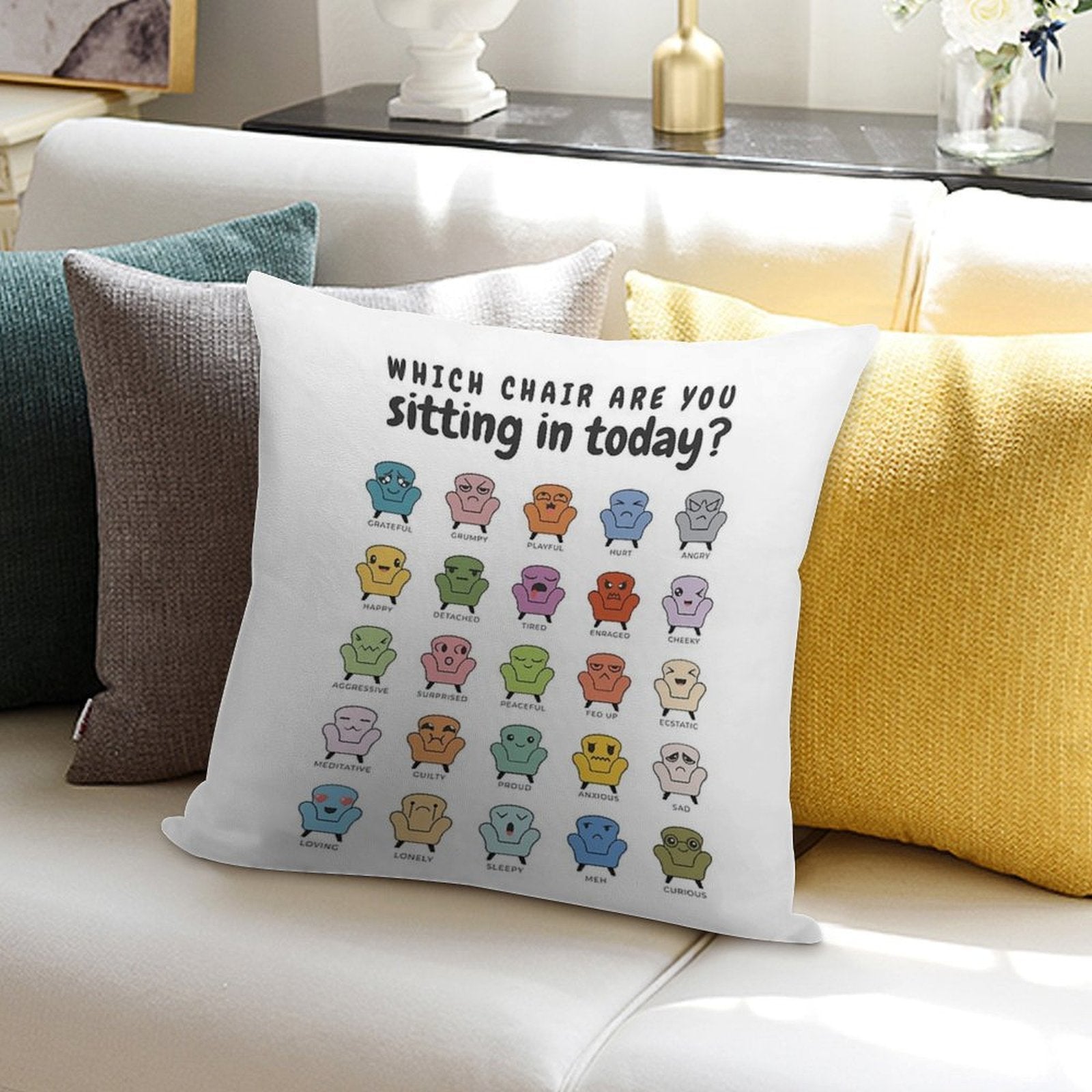 Chair Feelings, Emotions Chart, Mental Health, Therapy Office, Therapist Gift, Counsellor Tools, School Counselor, Mood Chart, S Soft Short Plush Fabric Throw Pillow