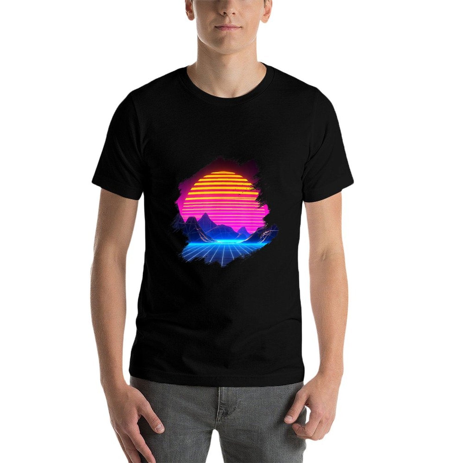 Sunset Over Canyon And Grid Mountains Landscape Synthwave  High-quality Stitching T-Shirt