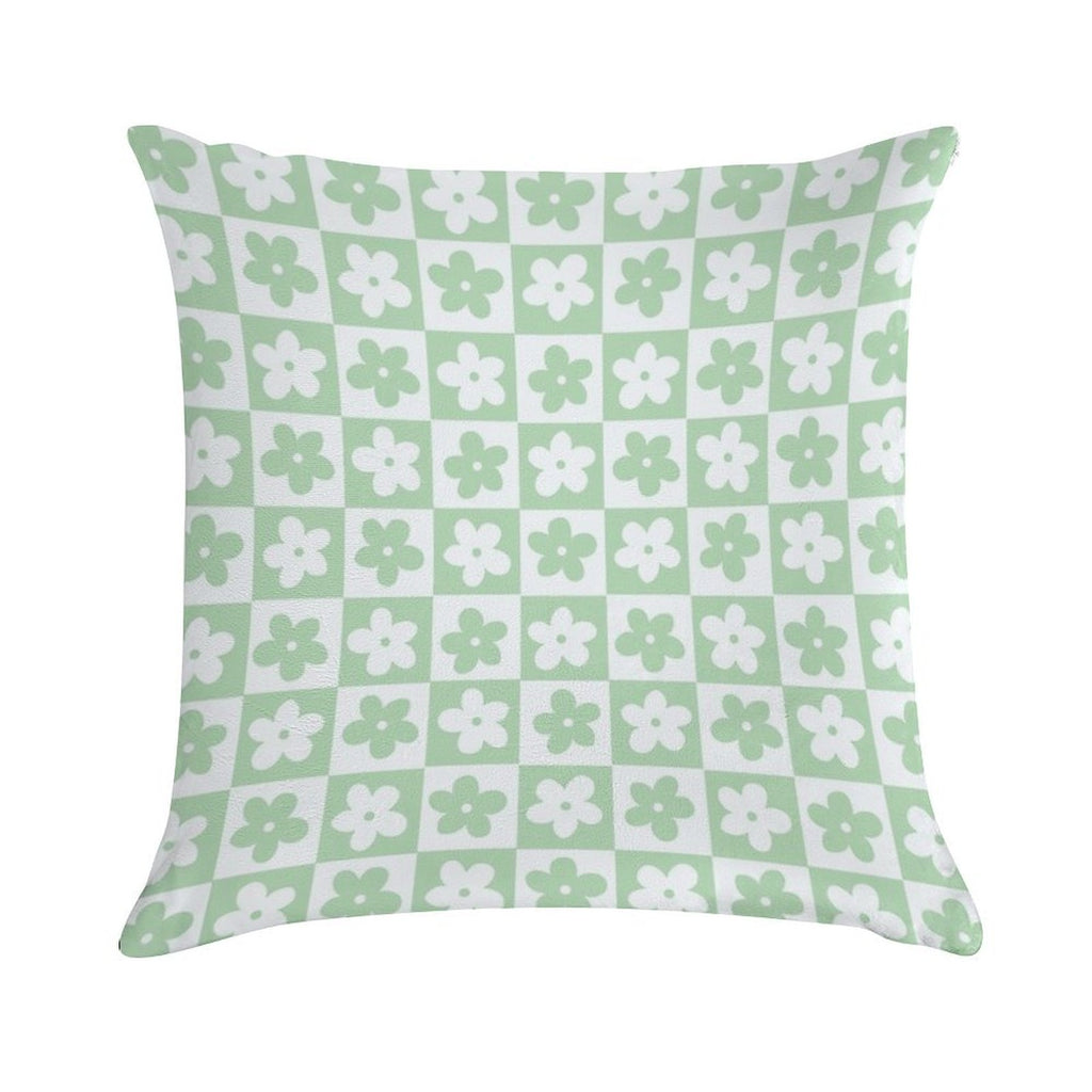 Light Pastel Green And White Checkered Squares with Flowers Soft Short Plush Fabric Throw Pillow