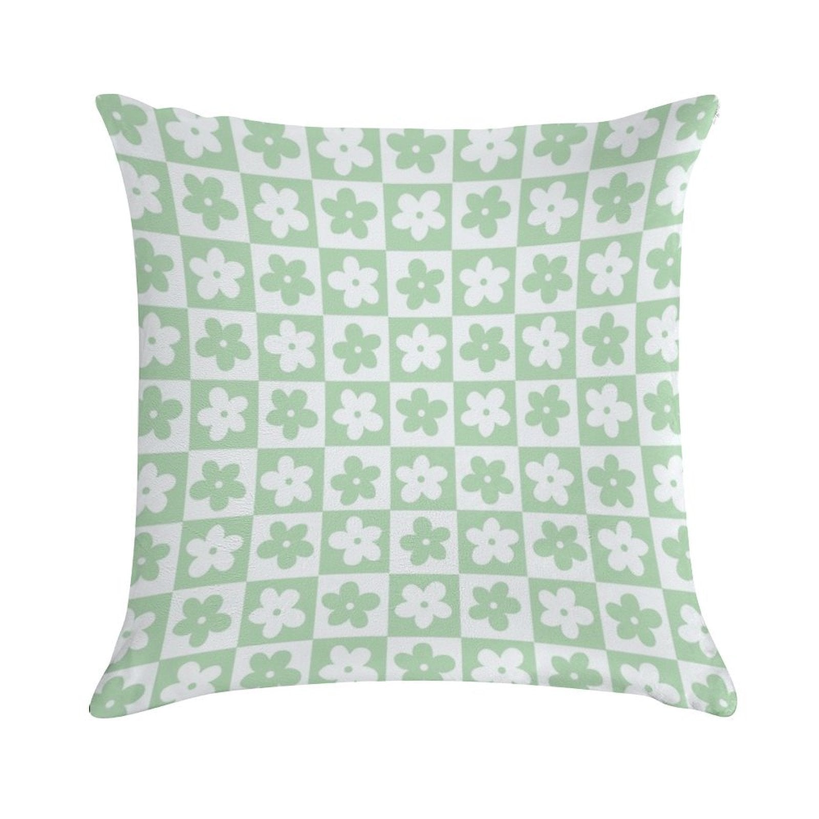 Light Pastel Green And White Checkered Squares with Flowers Soft Short Plush Fabric Throw Pillow