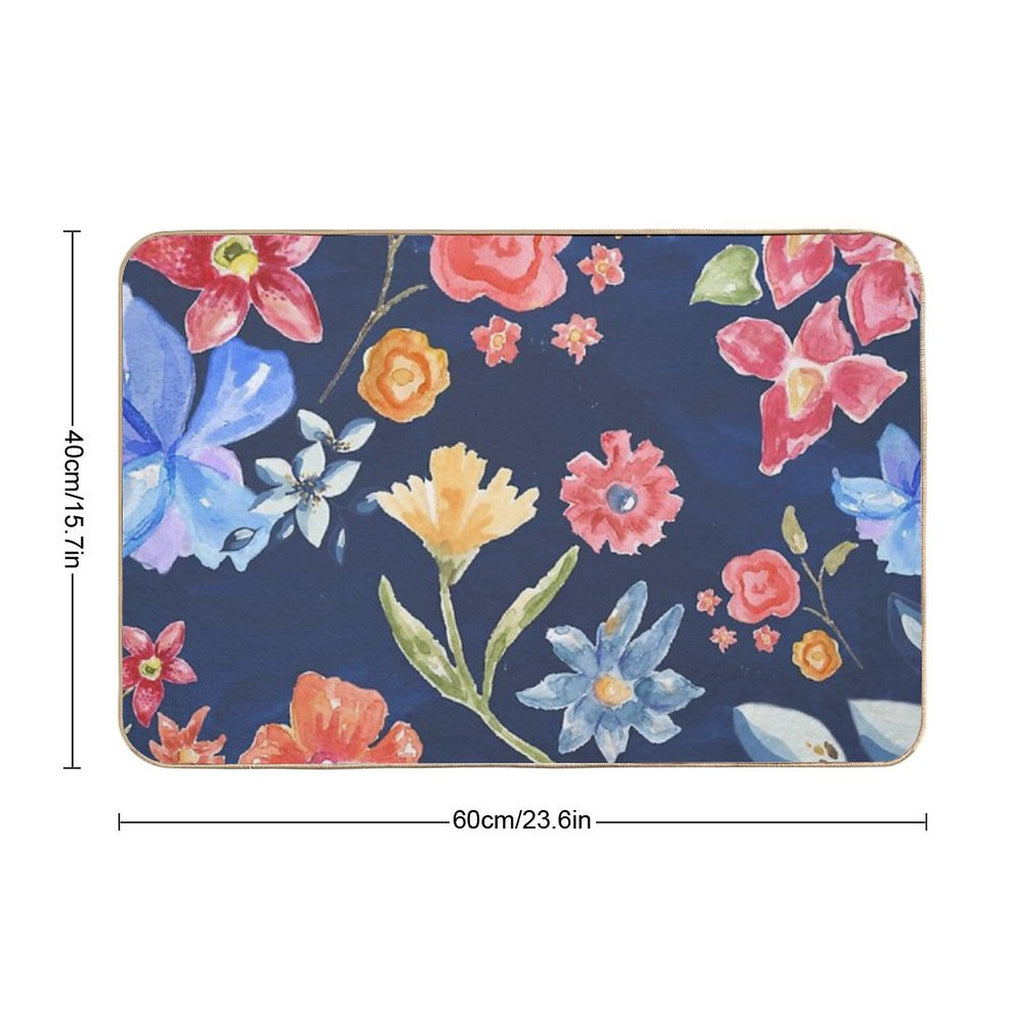 Navy Blue with Colorful Flowers  Whimsical  Fun  Floral Design  Repositionable Bath Mat