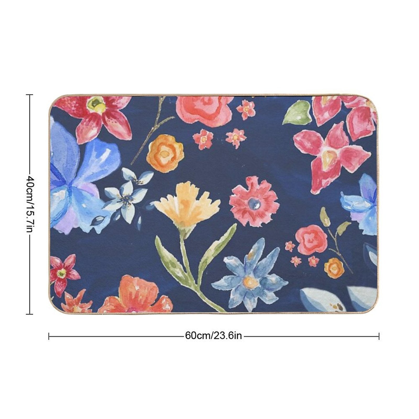 Navy Blue with Colorful Flowers  Whimsical  Fun  Floral Design  Repositionable Bath Mat