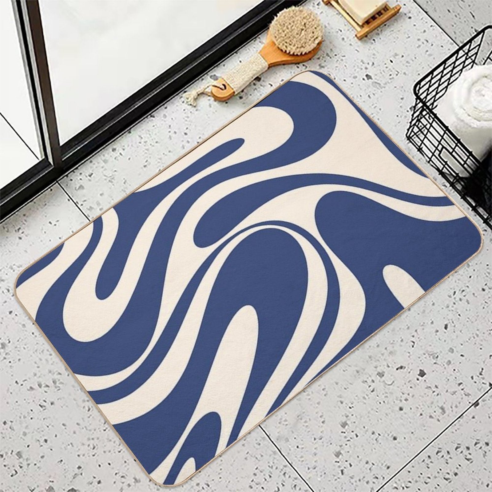 Retro Fantasy Swirl Abstract in Blue And Cream  High-Traffic Bath Mat