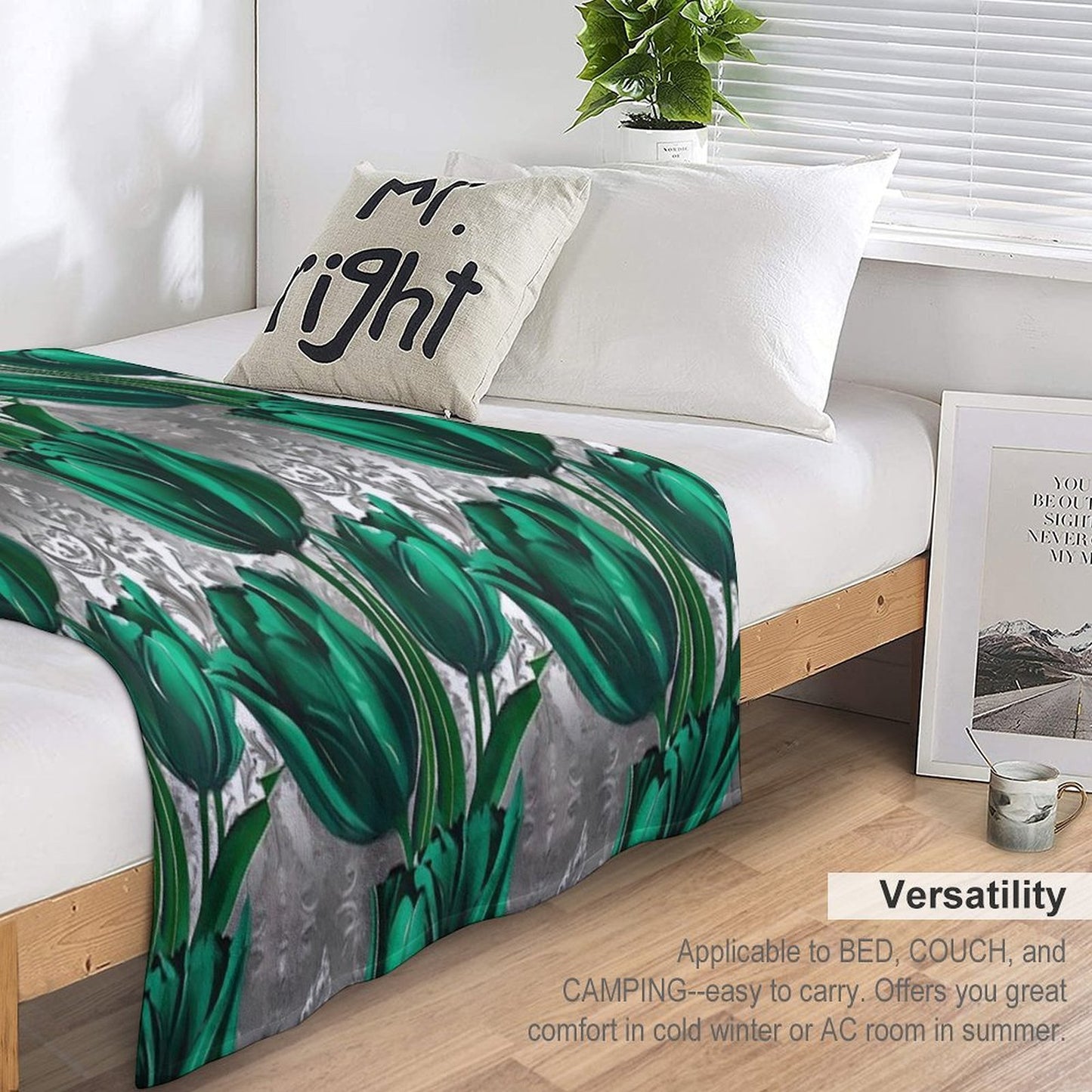 Emerald Green Tulips with Silver Baroque Machine-washable Throw Blanket