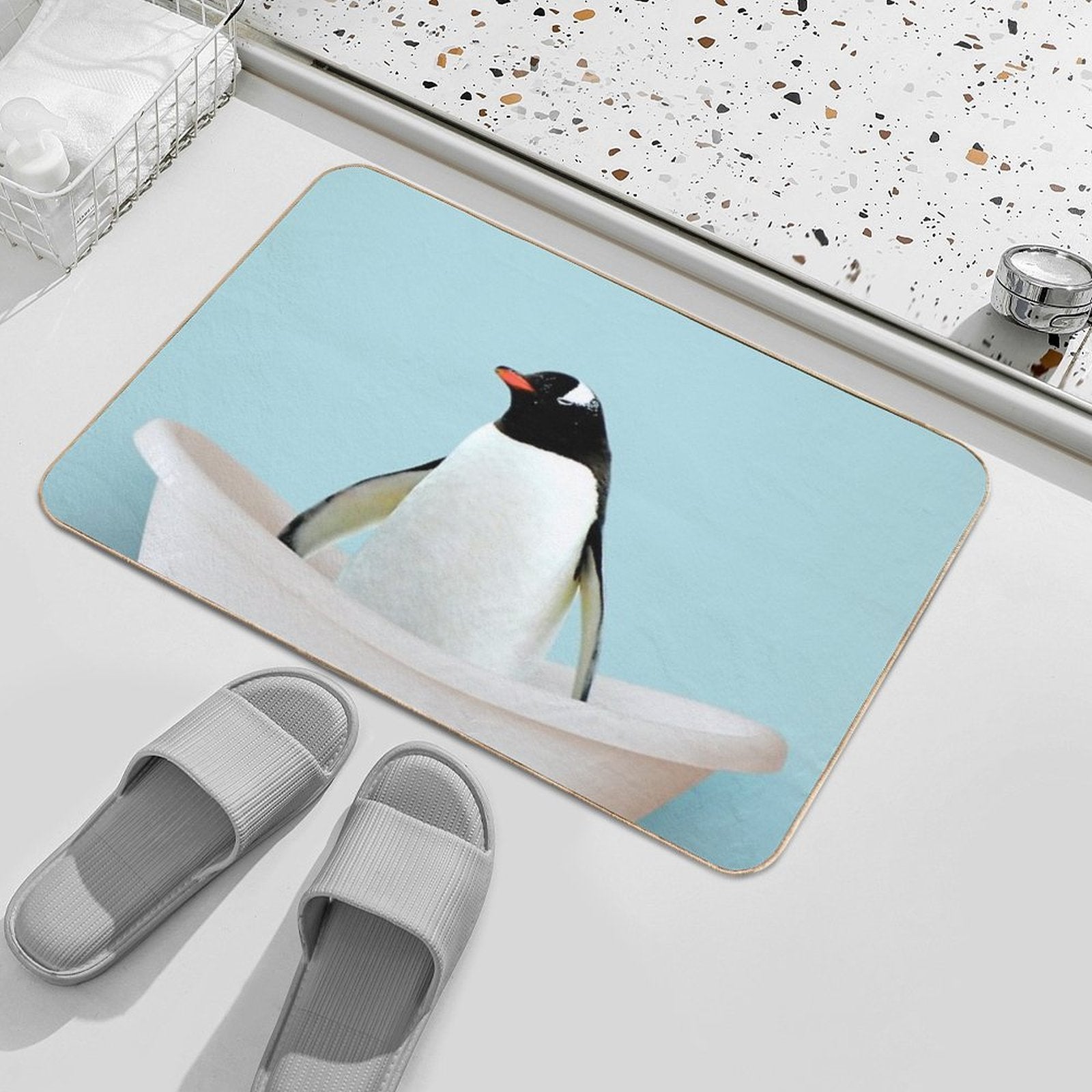 Playing Penguin in Bathtub Durable Bath Mat