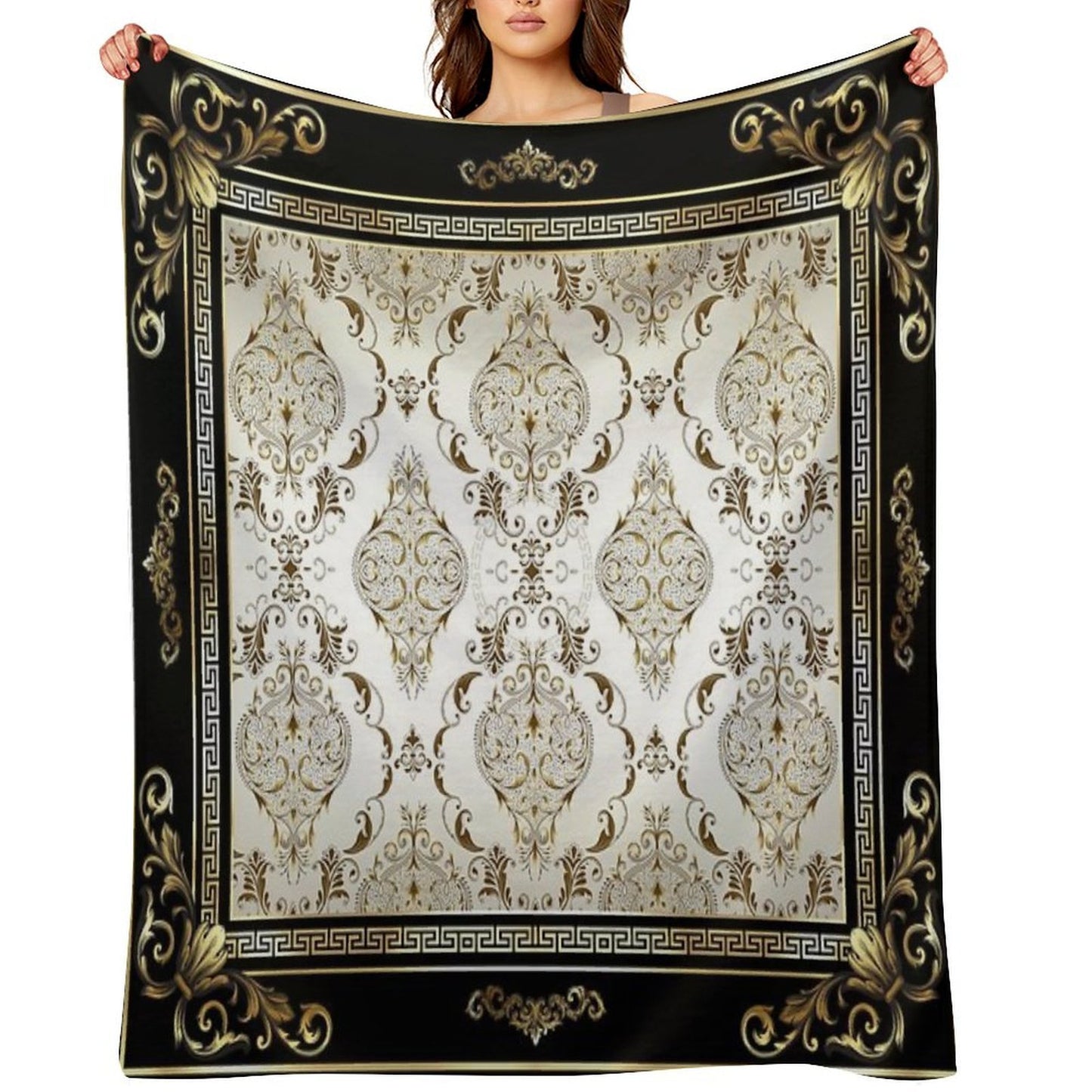 Ornate Baroque Cream Gold Black Greek Key Floral Sustainable Throw Blanket