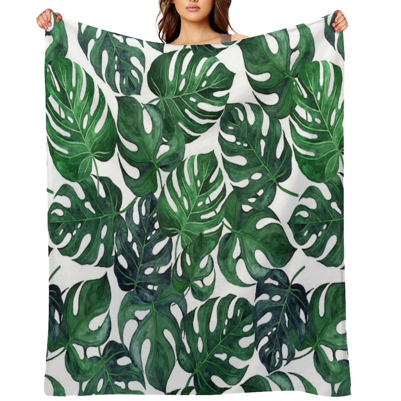 Tropical Monstera Leaves - Dark Emerald Green Machine-washable Throw Blanket