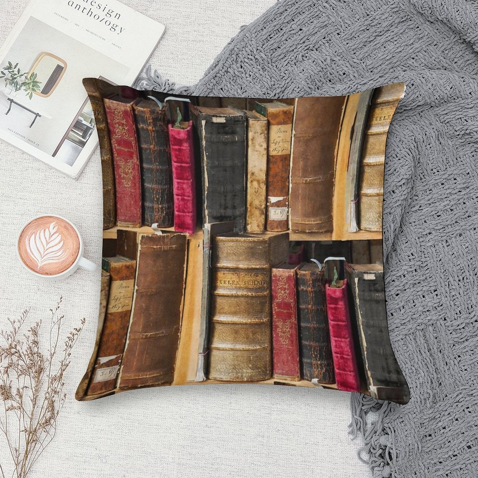 Bookworm Vintage Books in Bookshelf Soft Luxury Feel Throw Pillow