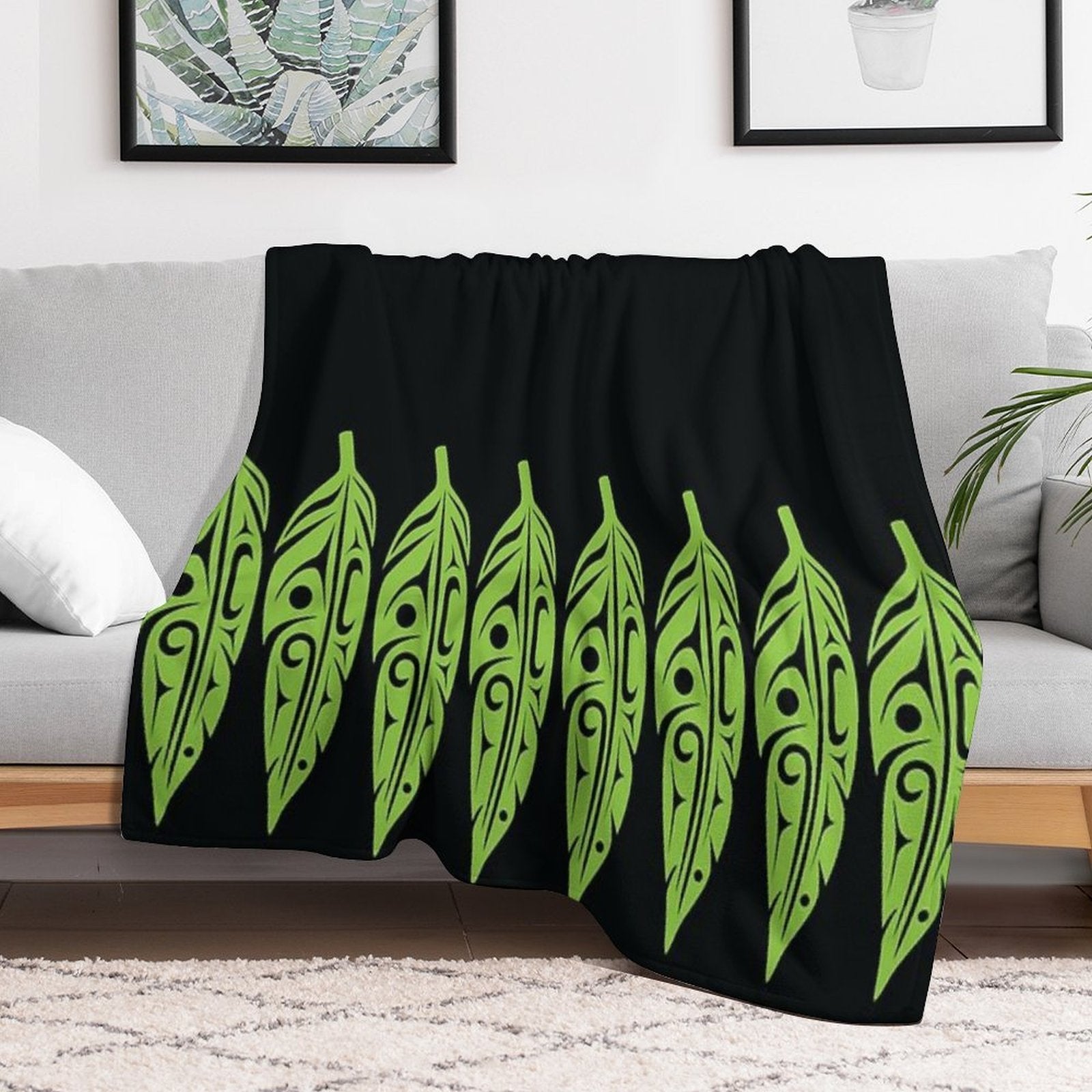 Feathers - Lime Green on Black Shrink-resistant Throw Blanket