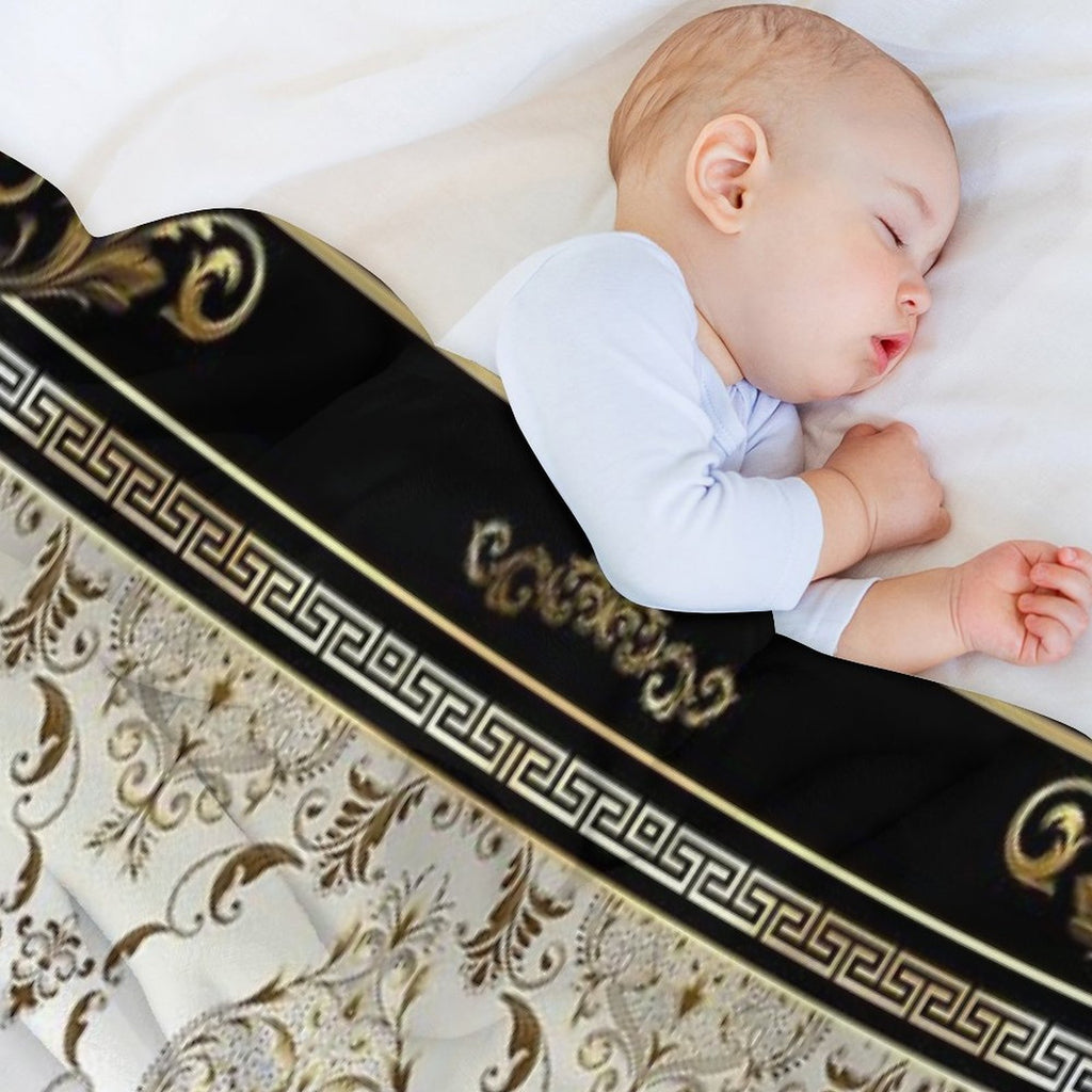Ornate Baroque Cream Gold Black Greek Key Floral Sustainable Throw Blanket