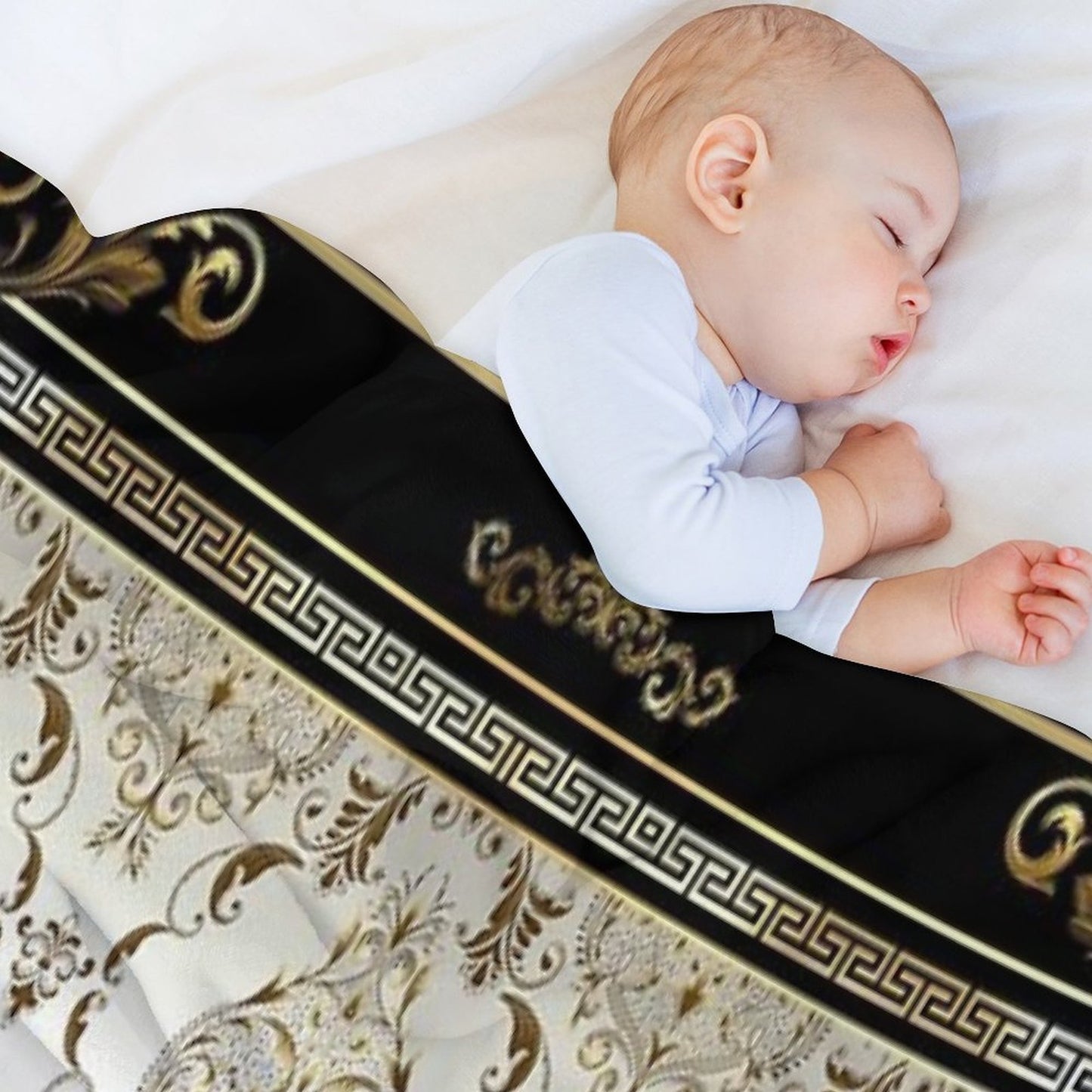 Ornate Baroque Cream Gold Black Greek Key Floral Sustainable Throw Blanket