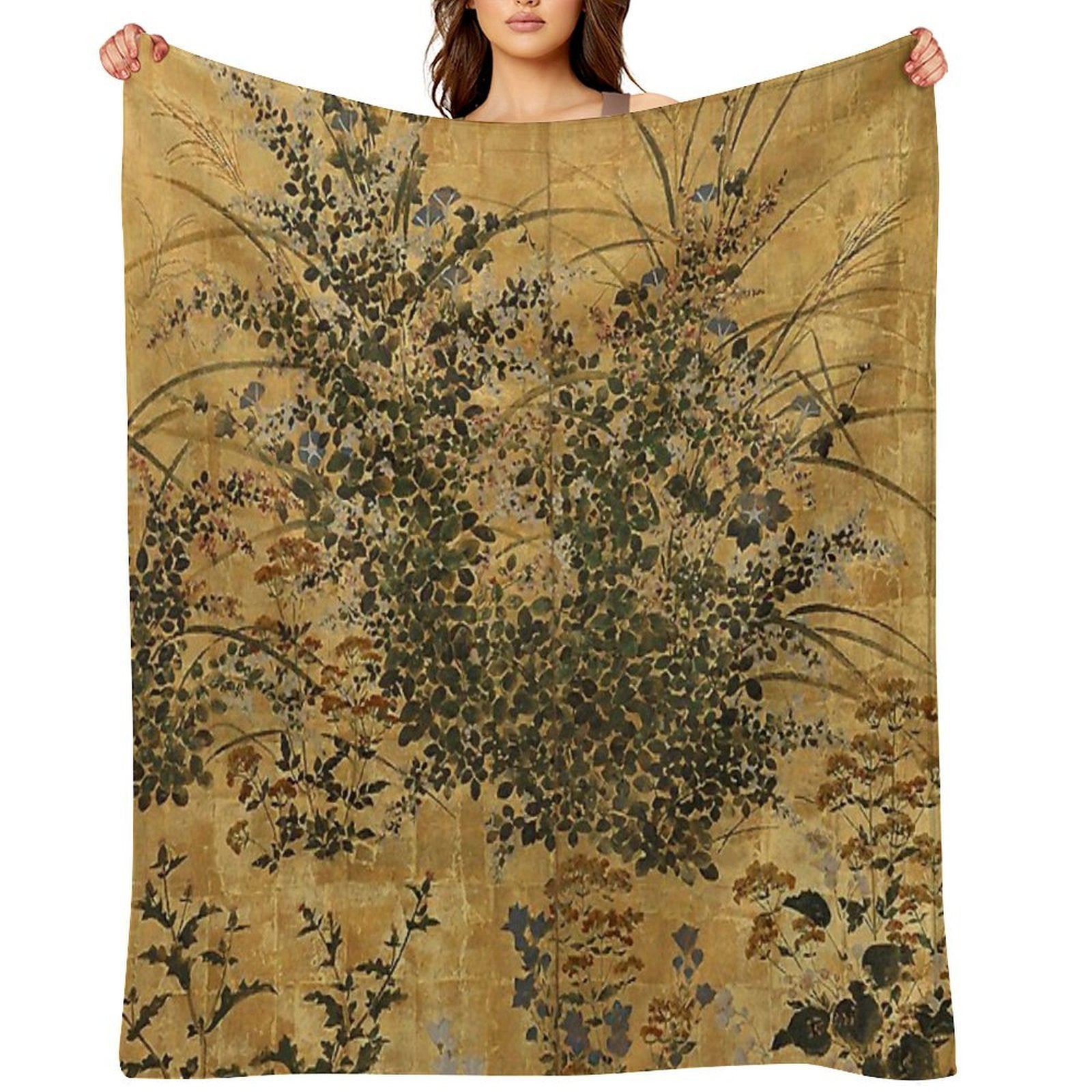 Vintage Japanese Floral Gold Leaf Screen With Morning Glory Multi-functional Throw Blanket