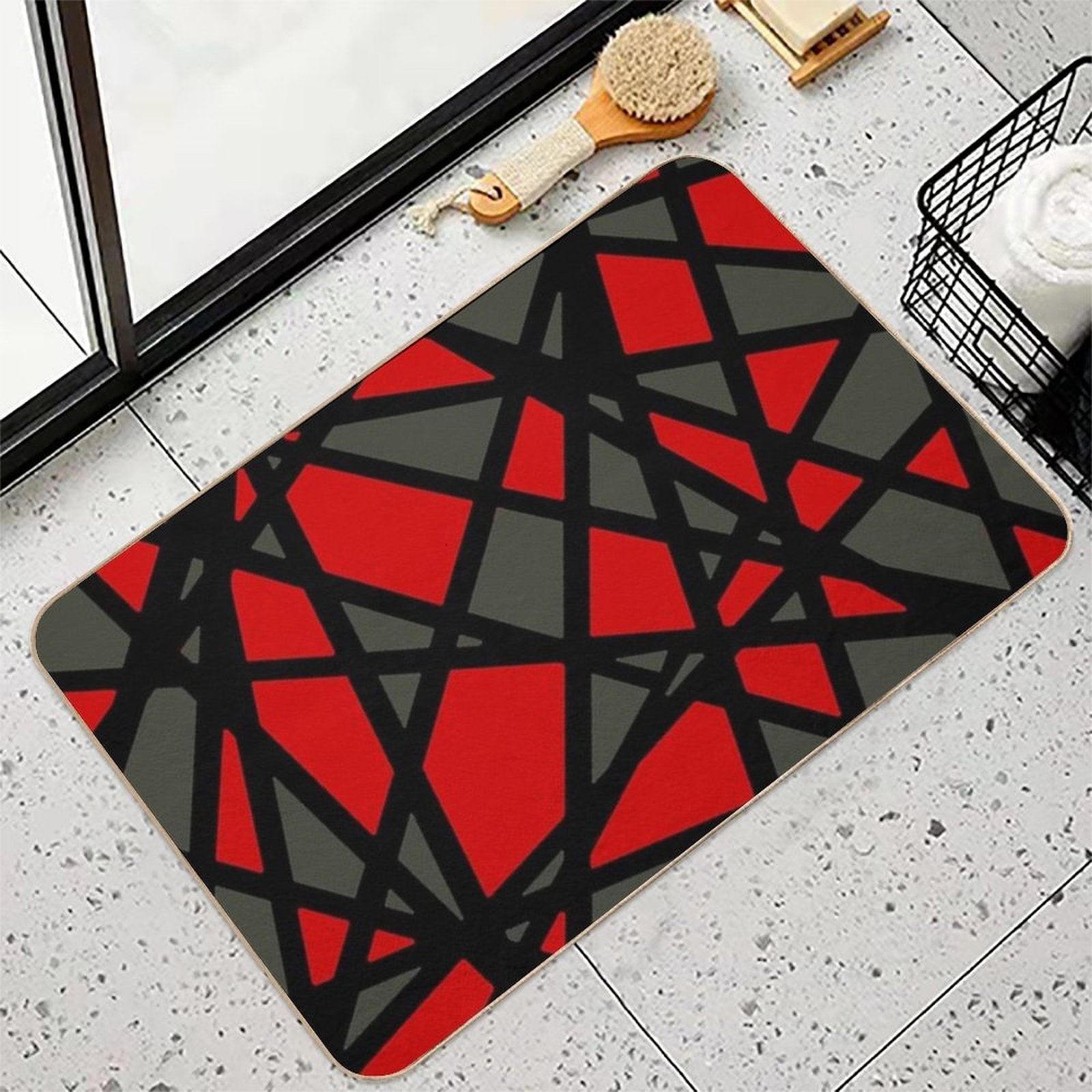Black Lines Create Irregular Shapes Red Accent Abstract  Long-Lasting Bath Mat