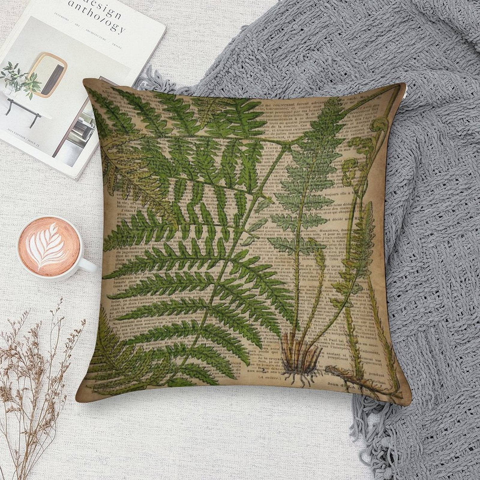 Vintage Foliage Hipster Botanical Print Fern Leaves Soft Multiple Sizes Throw Pillow