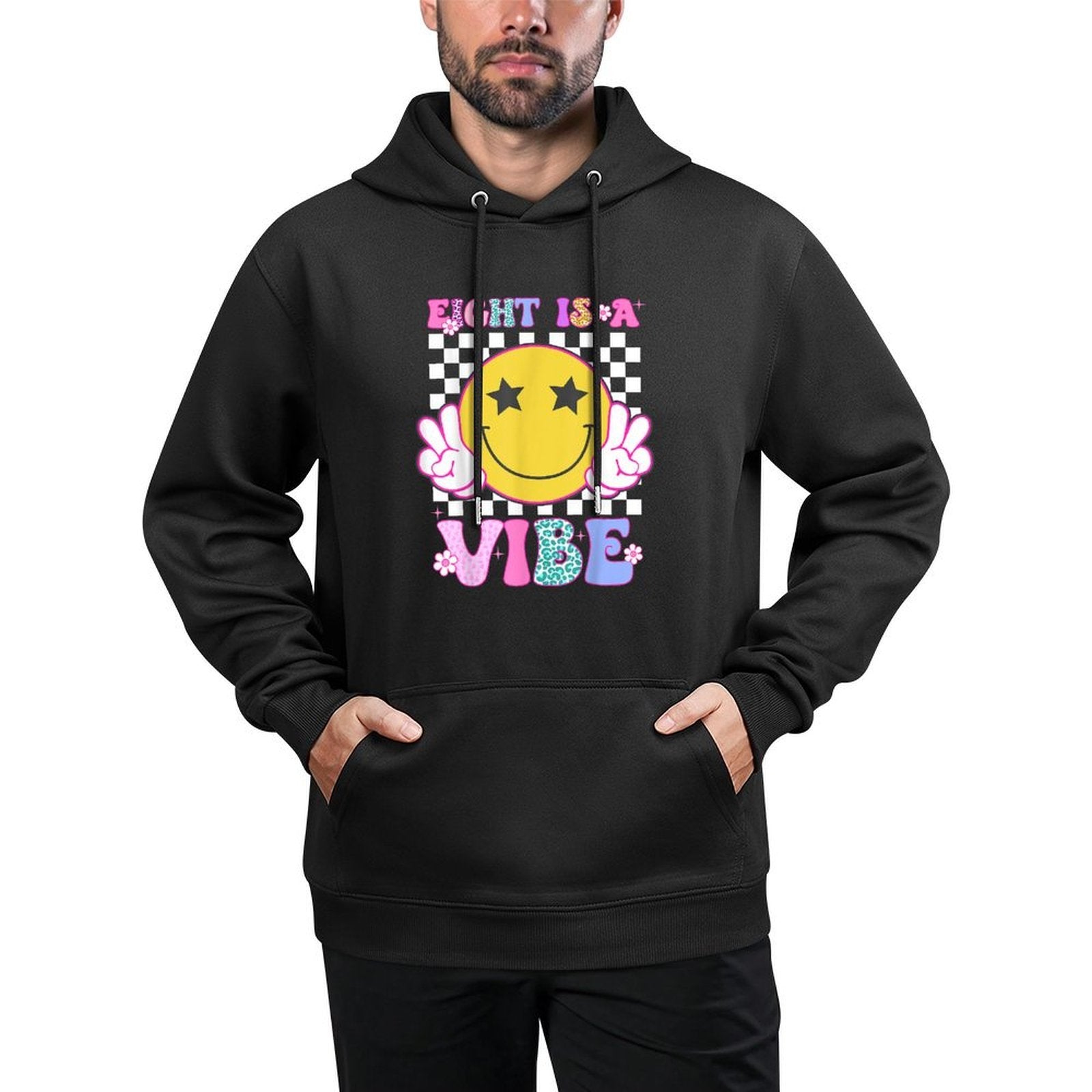 Eight Is A Vibe 8th Birthday Groovy Happy Face 8 Years Old Durable Construction Hoodie