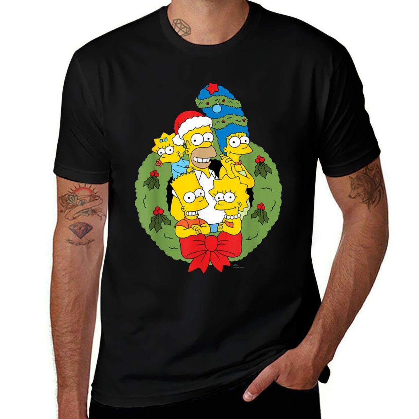 The Simpsons Unisex - Holiday Family Christmas Wreath - Black - Small -  Durable T-Shirt