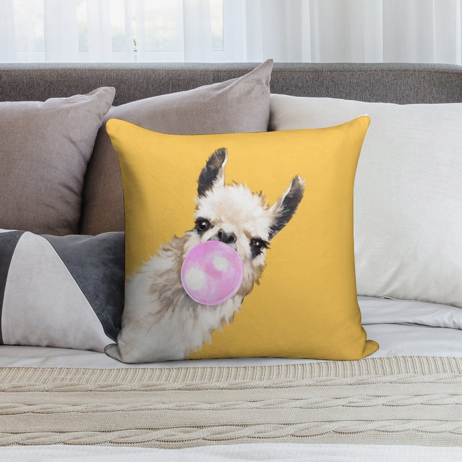 Bubble Gum Sneaky Llama in Mustard Yellow Soft Home Decor Throw Pillow