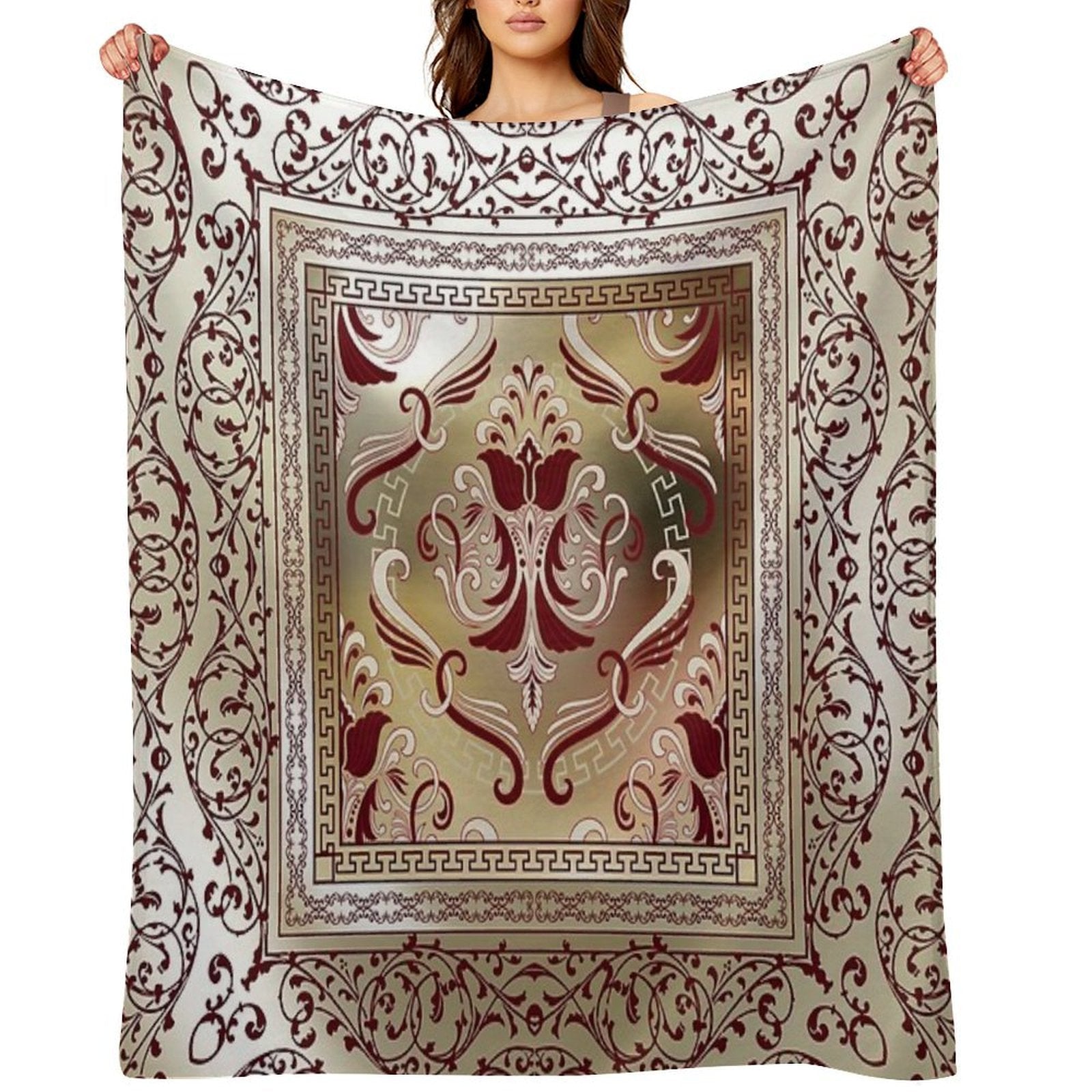 Maroon Baroque Ornate Floral Greek Key Velvety-soft Throw Blanket