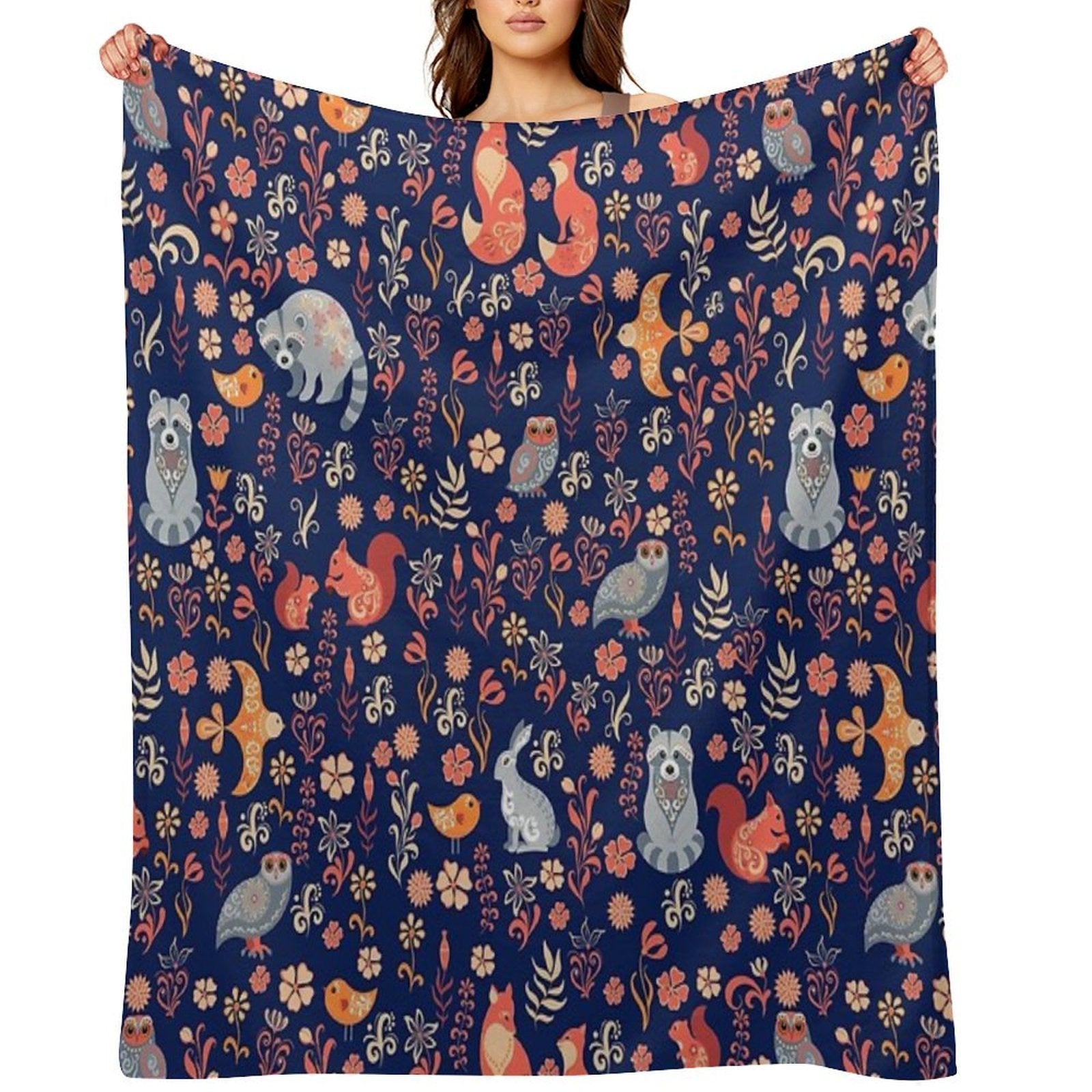 Fairy-tale Forest. Fox, Bear, Raccoon, Owls, Rabbits, Flowers And Herbs on A White Background. Seamless Pattern. Wrinkle-free Throw Blanket