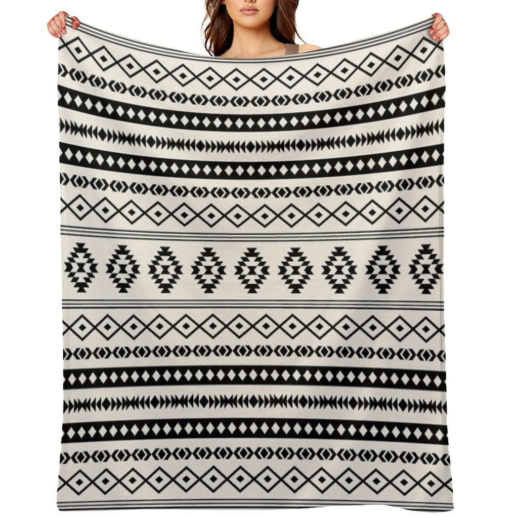 Aztec Black on Cream Mixed Motifs Pattern Velvety-soft Throw Blanket
