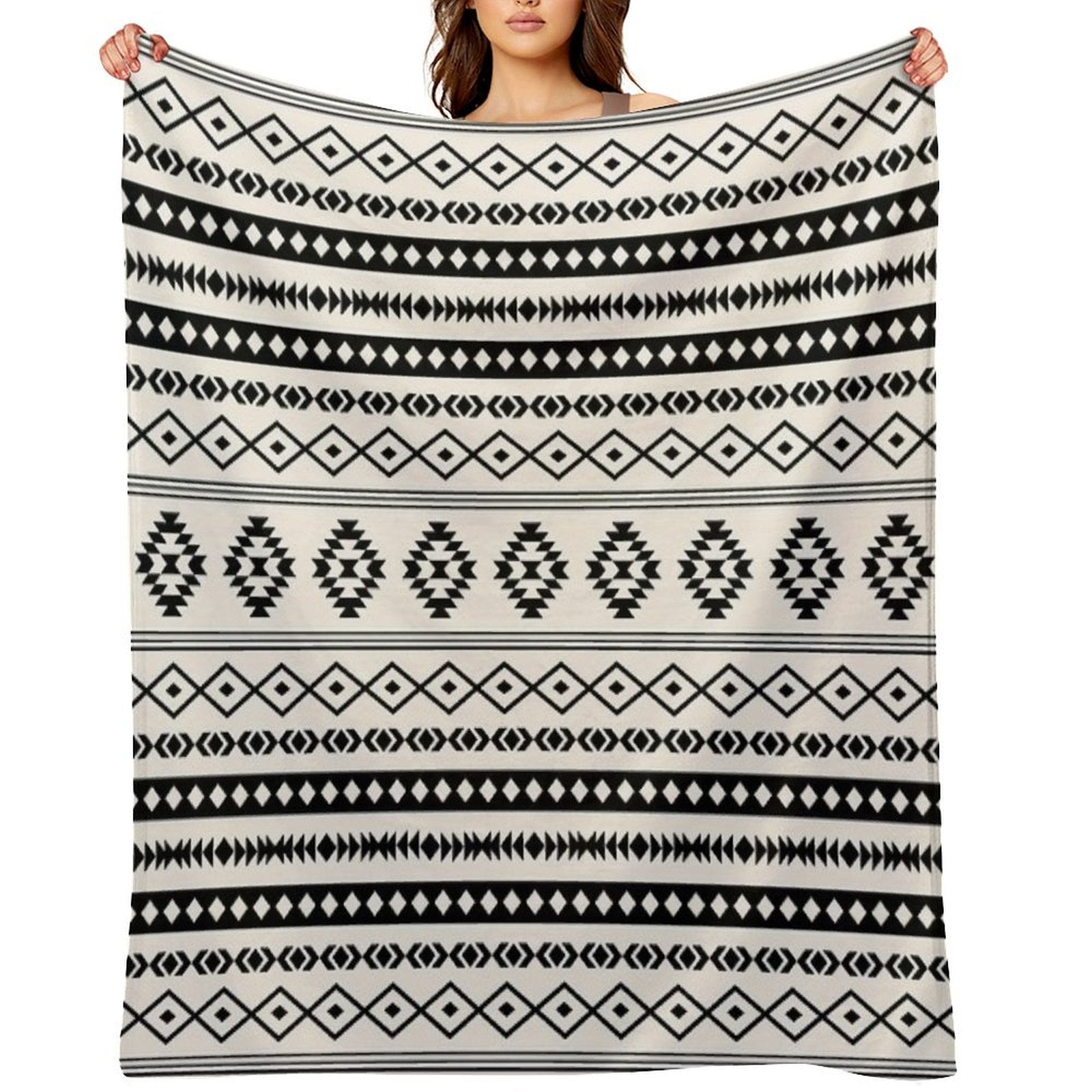Aztec Black on Cream Mixed Motifs Pattern Velvety-soft Throw Blanket