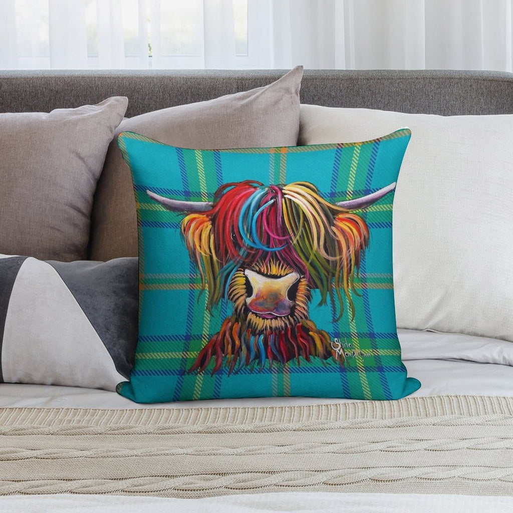 SCoTTiSH HiGHLaND CoW ' TaRTaN NeLLY B ' by SHiRLeY MacARTHuR Soft Fade-Resistant Throw Pillow