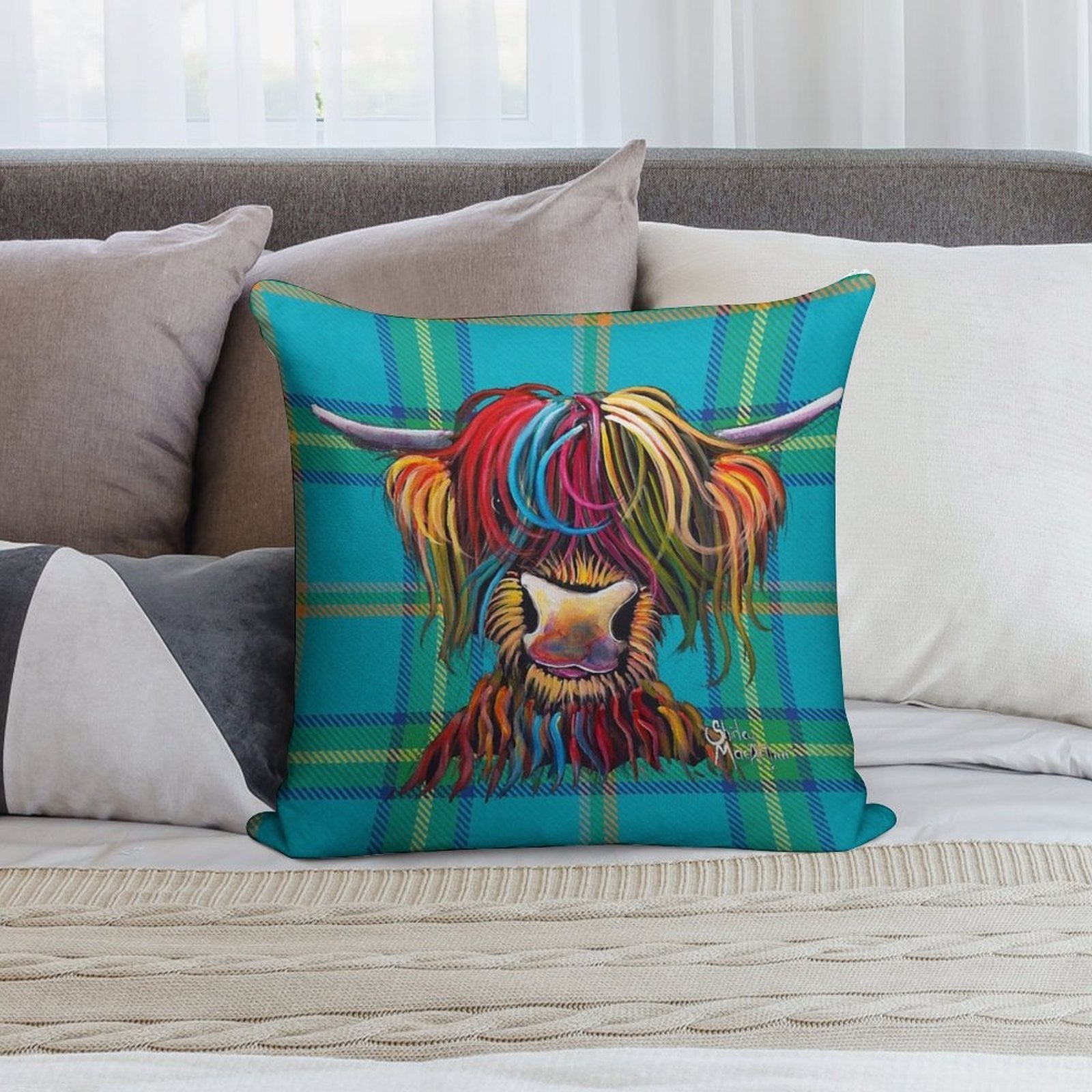 SCoTTiSH HiGHLaND CoW ' TaRTaN NeLLY B ' by SHiRLeY MacARTHuR Soft Fade-Resistant Throw Pillow