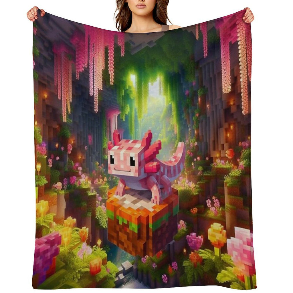 Cute Pink Minecraft Axolotl on Block Plush Throw Blanket