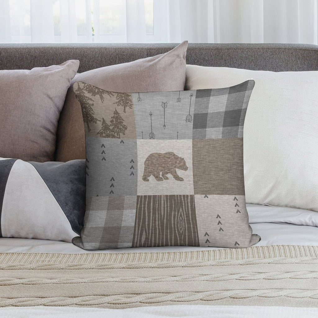 Bear Patchwork - Rustic Neutrals Soft High-Density Material Throw Pillow