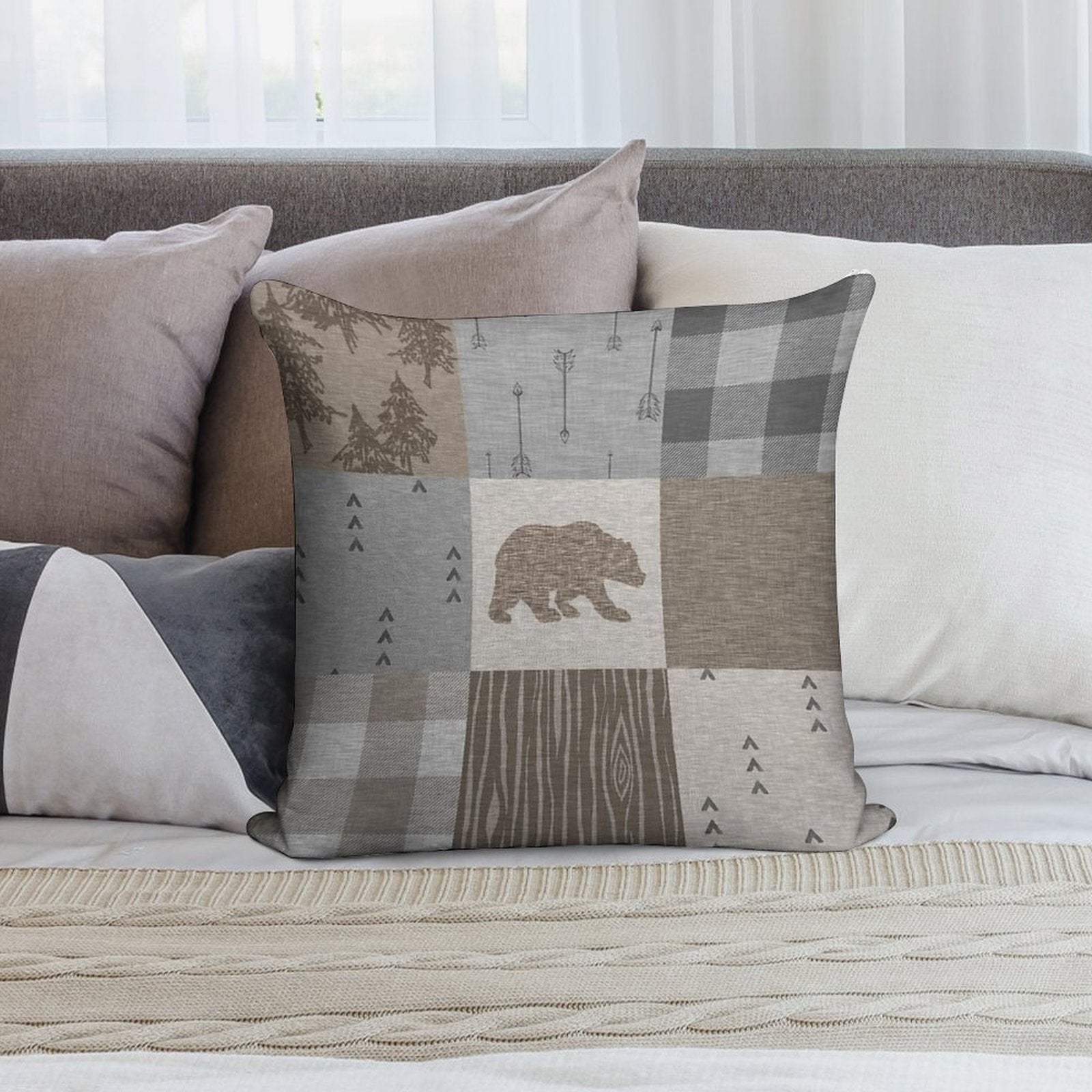 Bear Patchwork - Rustic Neutrals Soft High-Density Material Throw Pillow