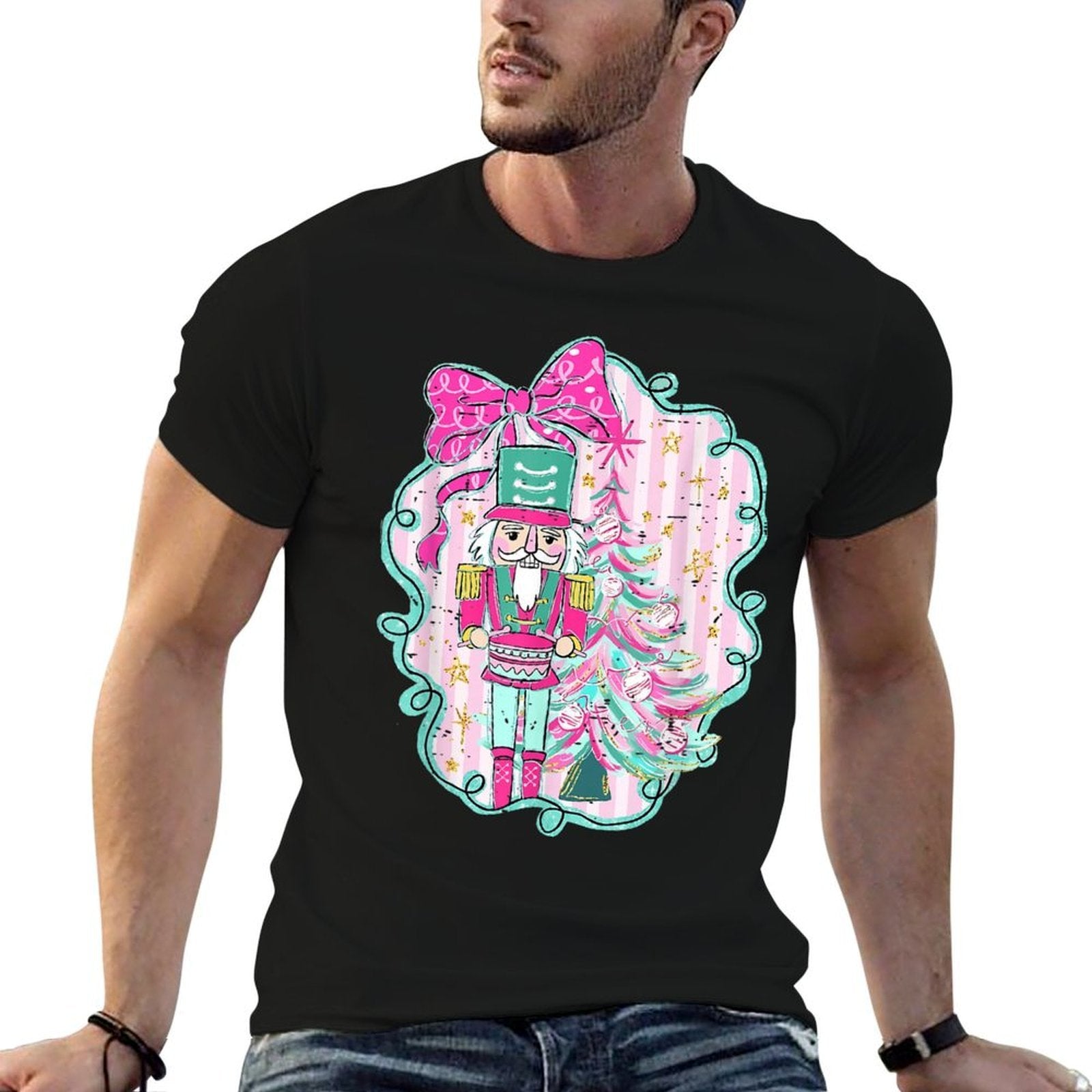 Coquette Bow Pink Nutcracker Christmas Holiday Merry Xmas  Ribbed Collar T-Shirt