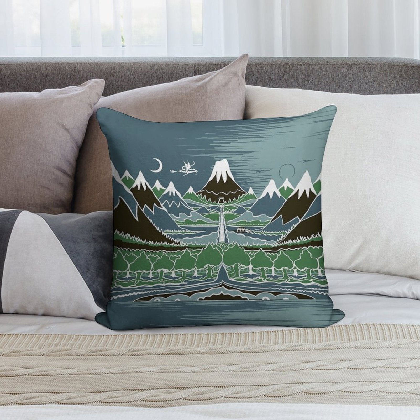 Midnight Forest Mountain Path in The Style of J.R.R.Tolkien Soft Durable Construction Throw Pillow