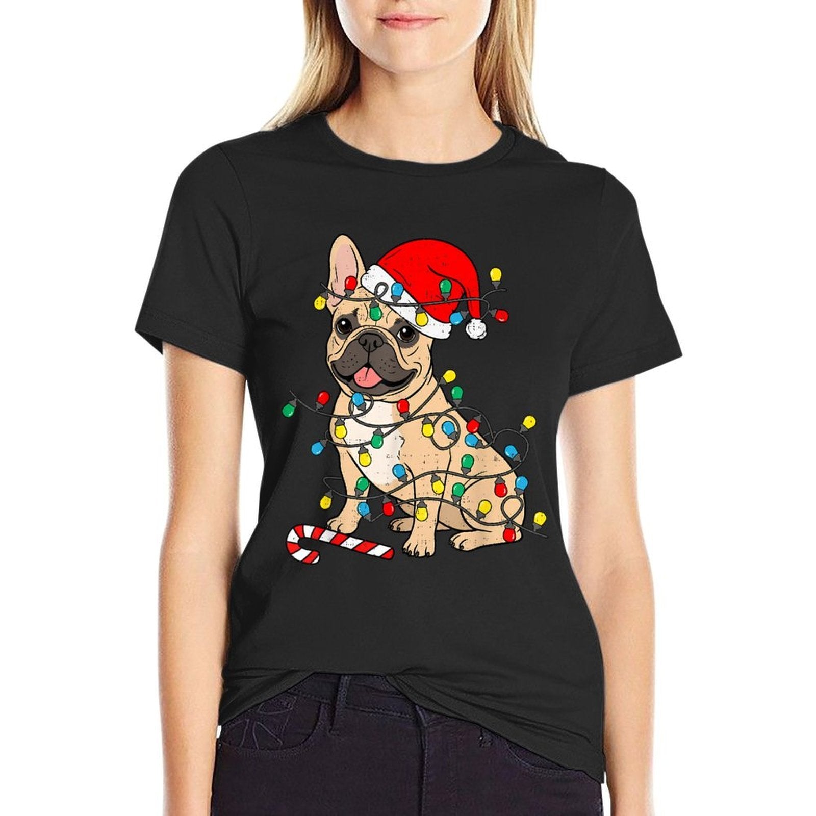 French Bulldog Dog Christmas Lights Santa Xmas Pet Dog Lover  Rolled Sleeves T-Shirt