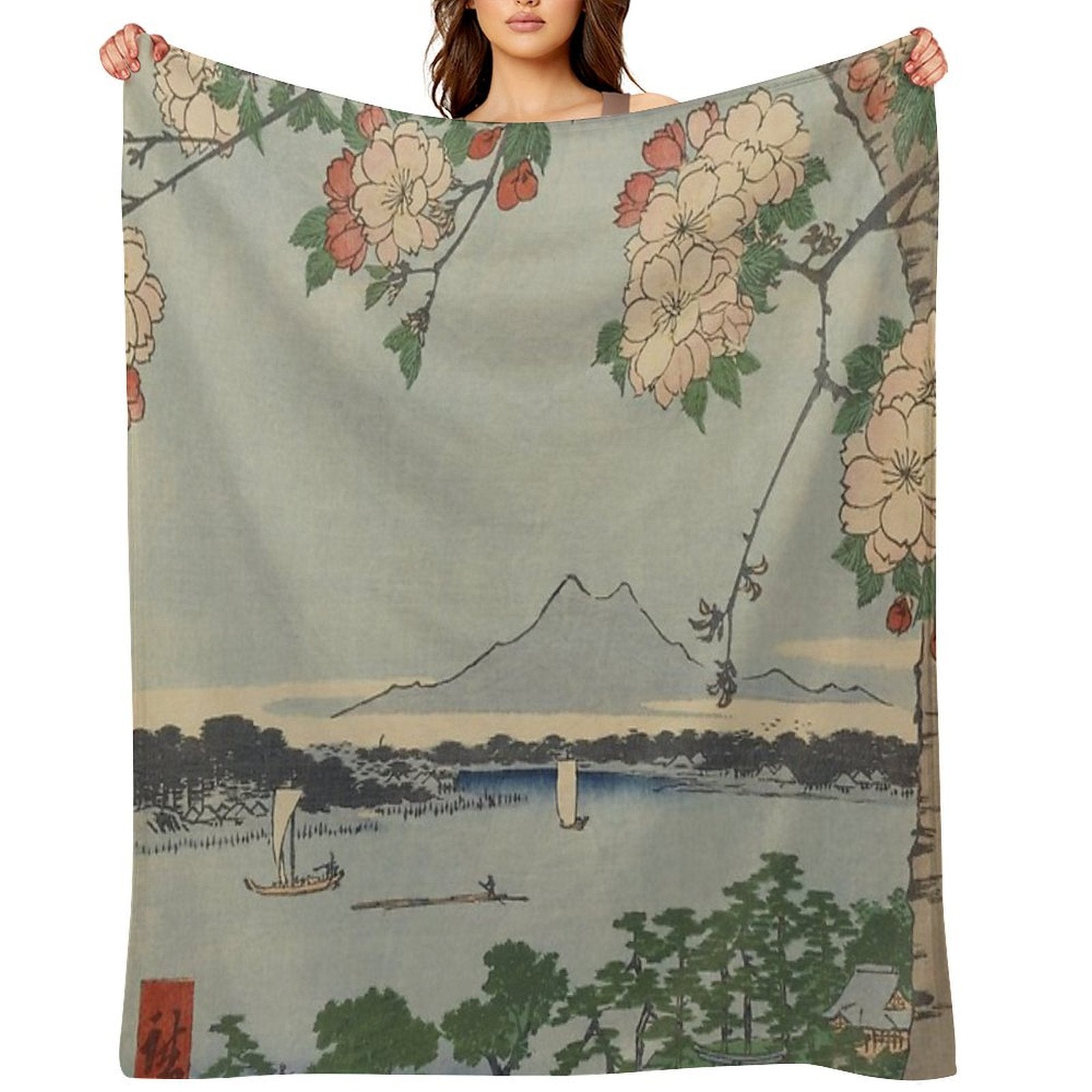 Cherry Blossoms on Spring River Ukiyo-e Japanese Art Gift-ready Throw Blanket