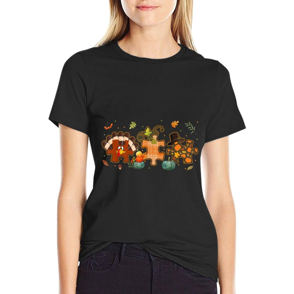 Cute Turkey Autism Awareness Puzzle Pumpkin Thanksgiving Day  Trendy Pattern T-Shirt