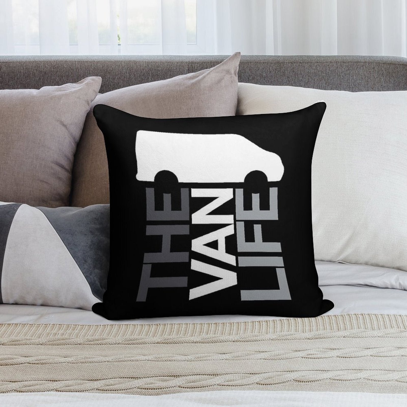 The Van Life Logo  Greyscale Soft Shrink-Resistant Throw Pillow