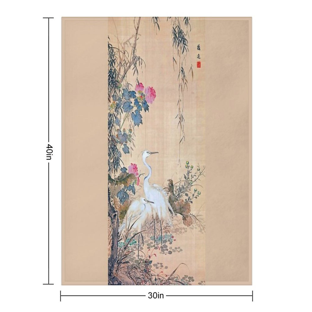 Egrets, Peonies, And Willows (Restored Japanese Artwork) Machine-washable Throw Blanket