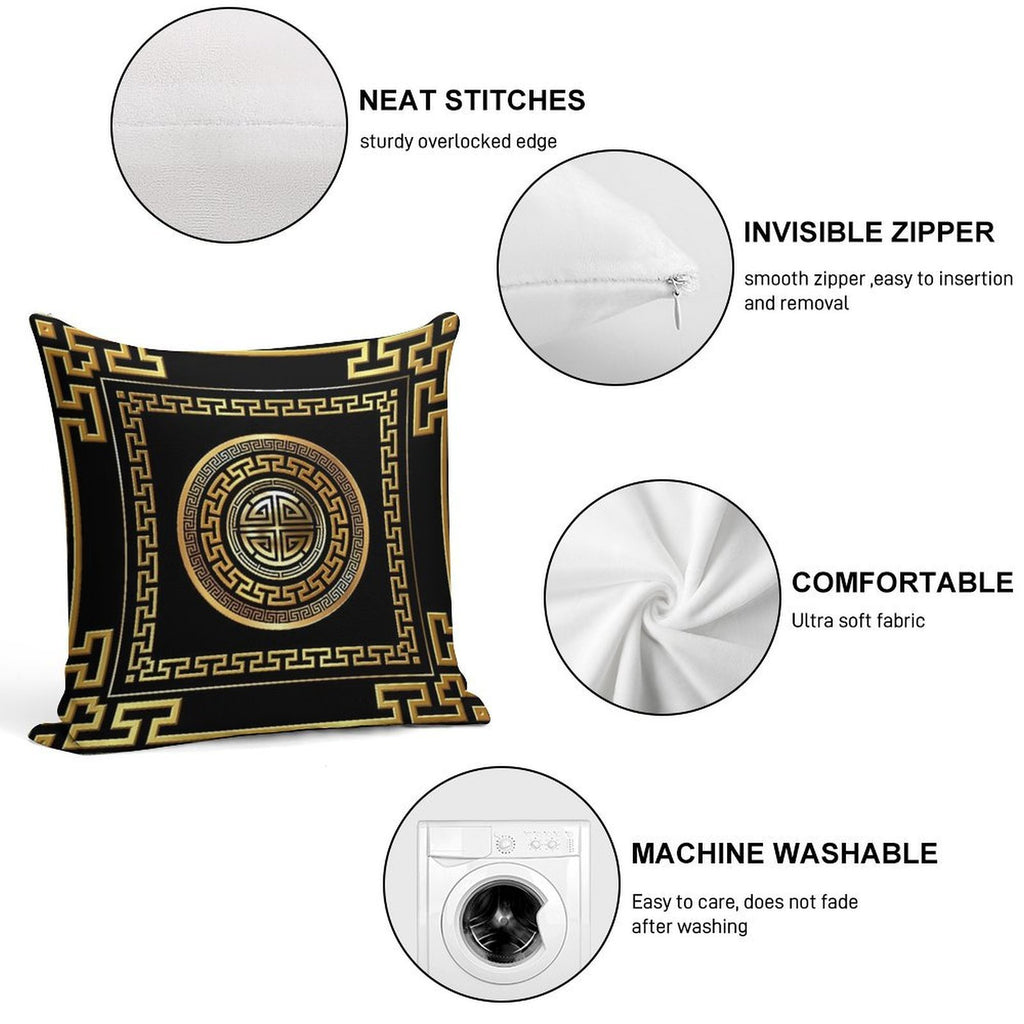 Greek Key Meander Black Gold Large Soft Fade-Resistant Throw Pillow