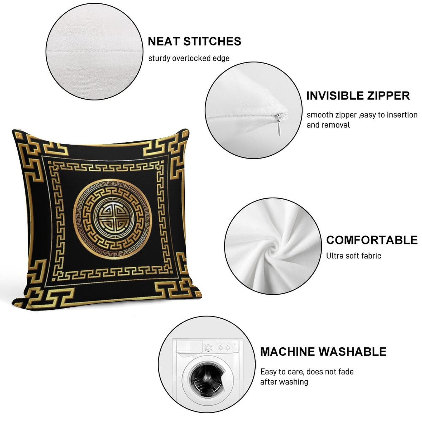 Greek Key Meander Black Gold Large Soft Fade-Resistant Throw Pillow