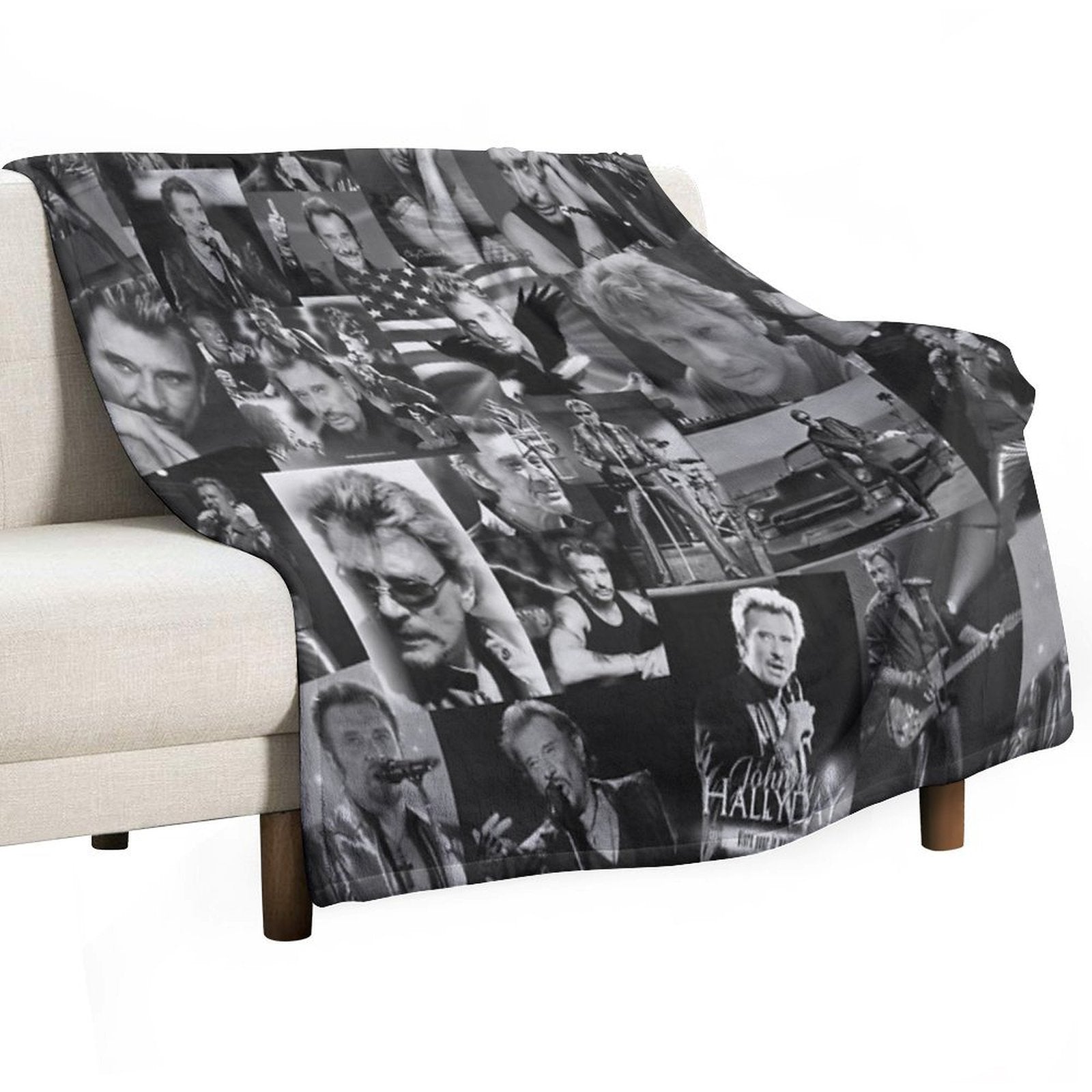 Johnny Hallyday French Singer Assorted Black And White Vintage Collage Premium Throw Blanket