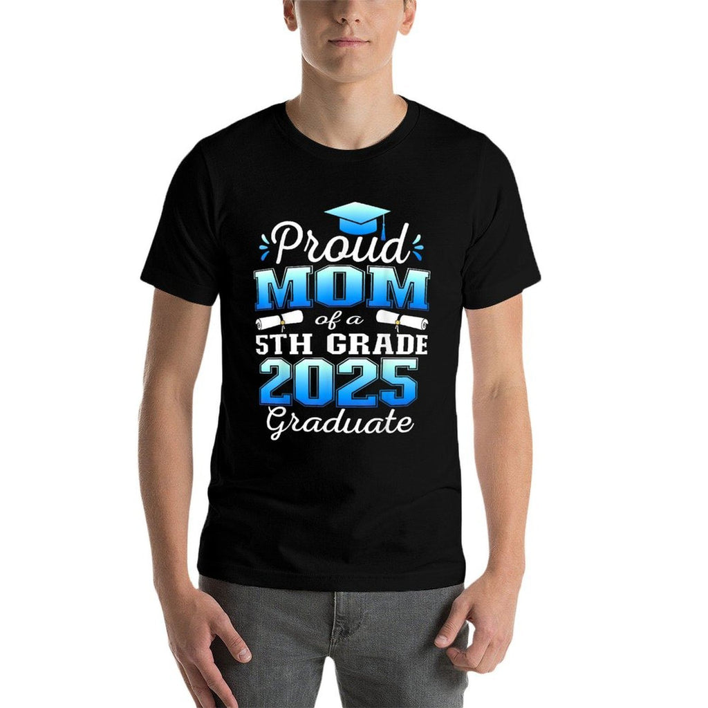 Proud Mom of 5th Grade Graduate 2025 Elementary Graduation  Ribbed Collar T-Shirt