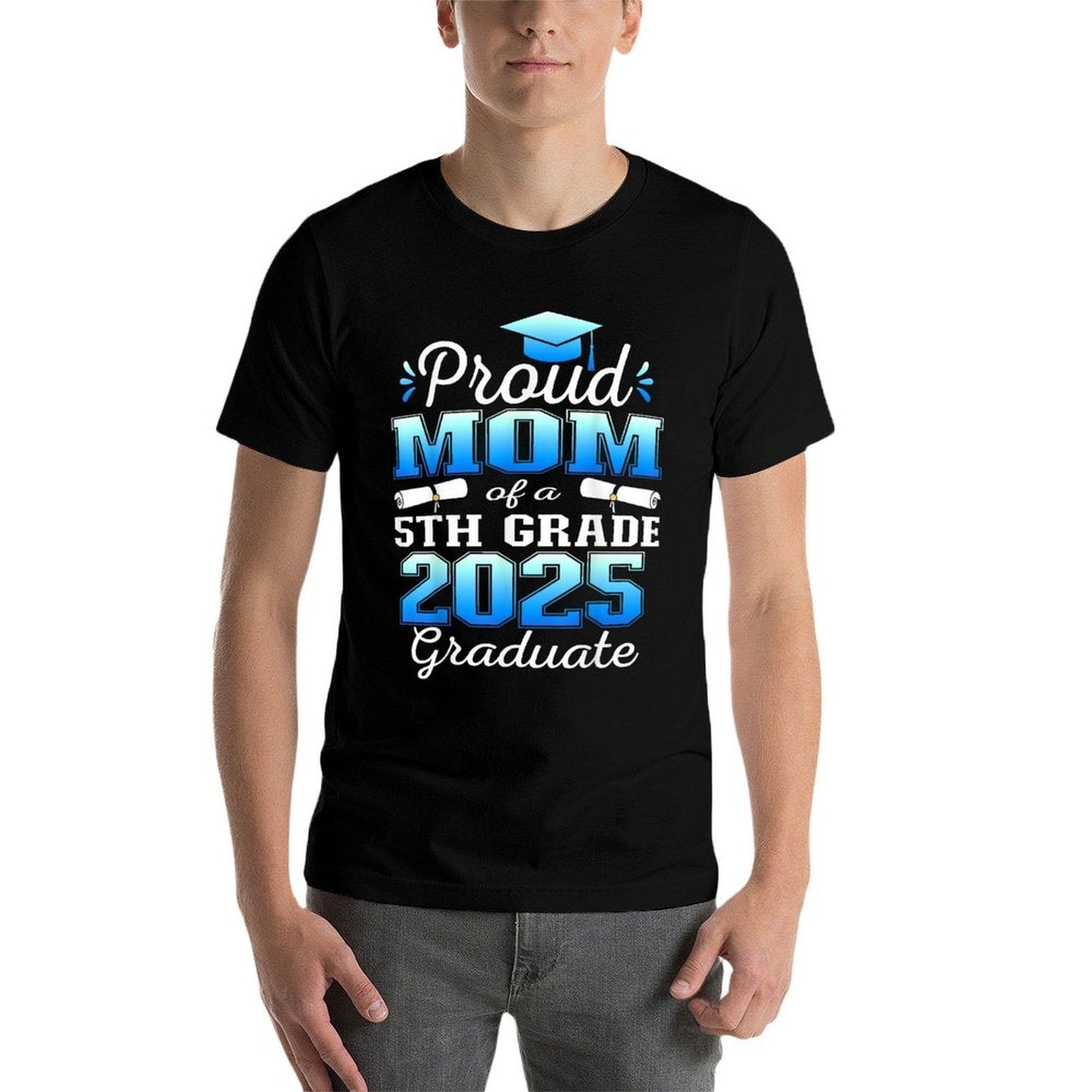 Proud Mom of 5th Grade Graduate 2025 Elementary Graduation  Ribbed Collar T-Shirt